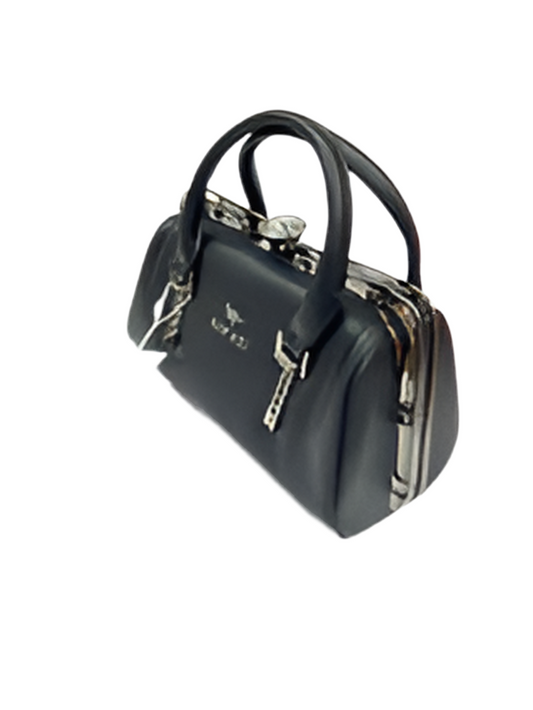 Premium Black Leather Handbag with Silver Grey Metal Frame SA jewelry pk
