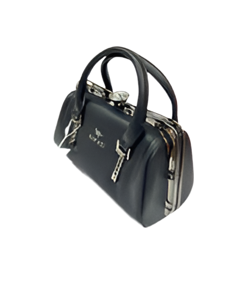 Premium Black Leather Handbag with Silver Grey Metal Frame SA jewelry pk
