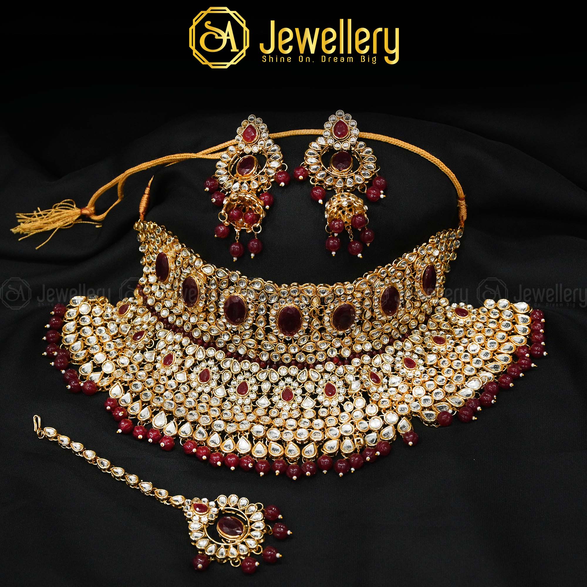 Kundan Bridal Set - Golden Maroon Traditional Jewelry