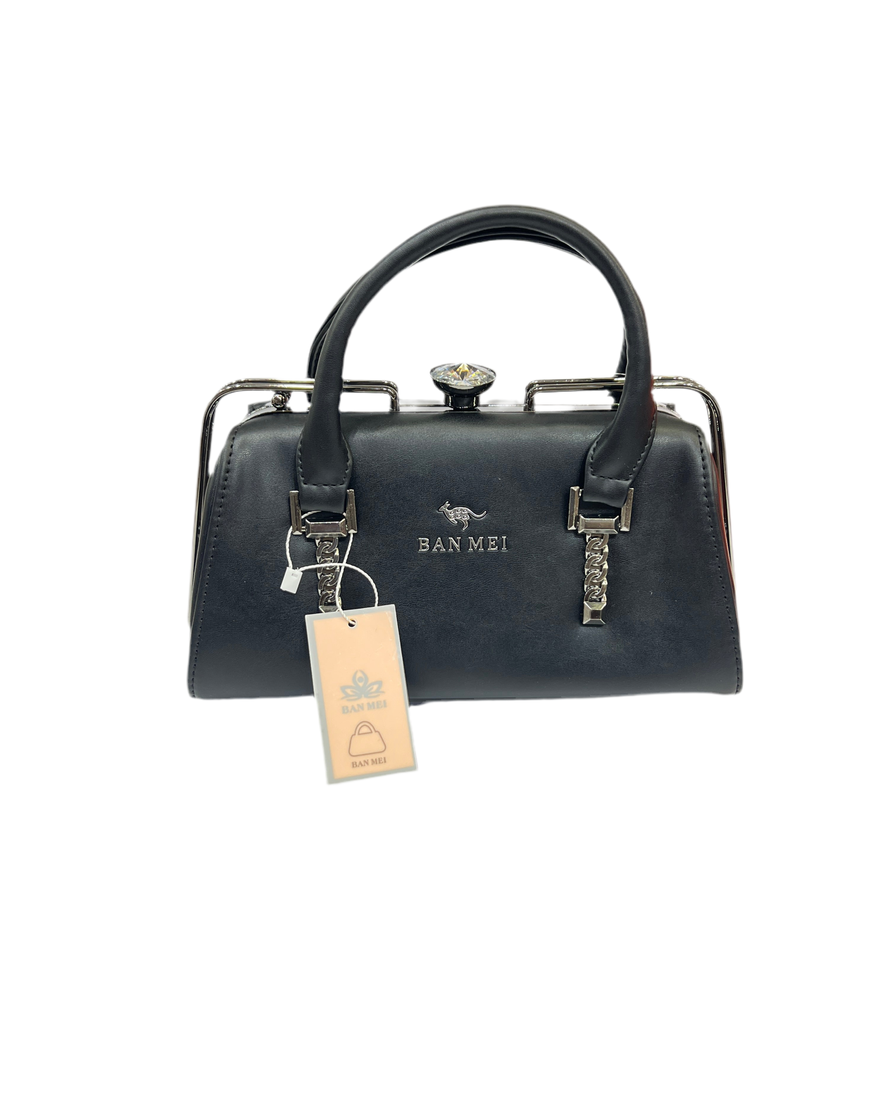 Premium Black Leather Handbag with Silver-Grey Metal Frame SA jewelry pk