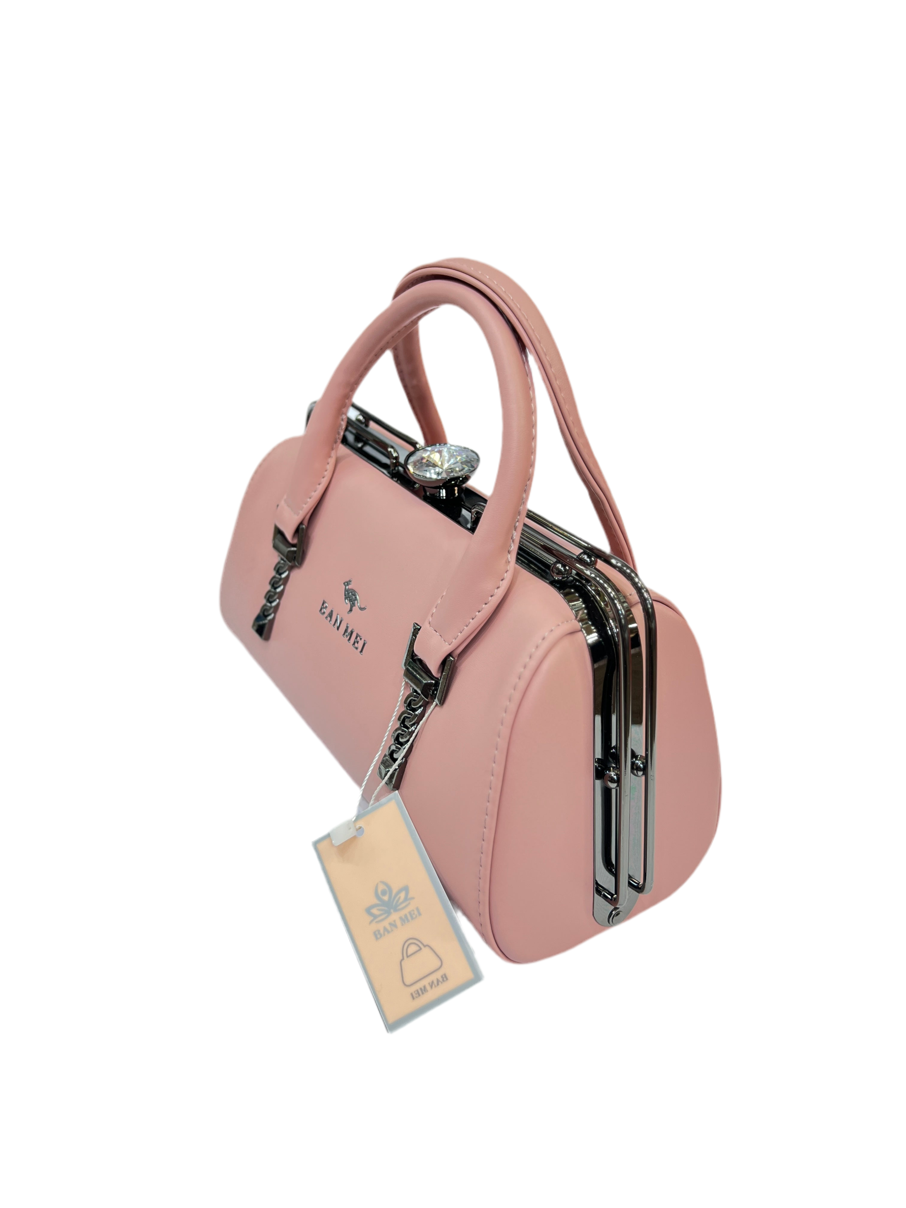 Premium Black Leather Handbag with Silver Grey Metal Frame SA jewelry pk