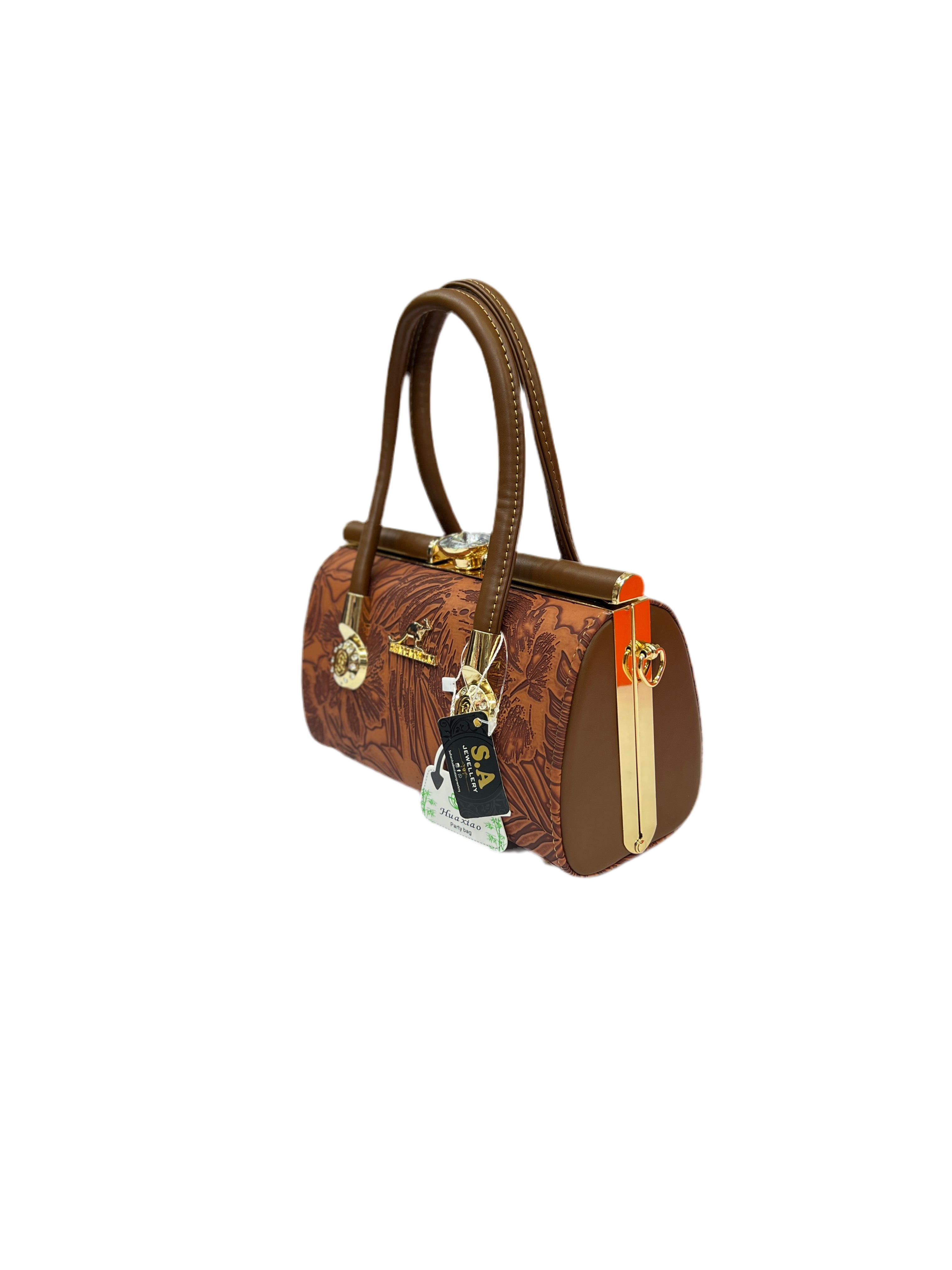 Luxury Leather Texture Handbag with Silver Stones golden Frame SA jewelry pk