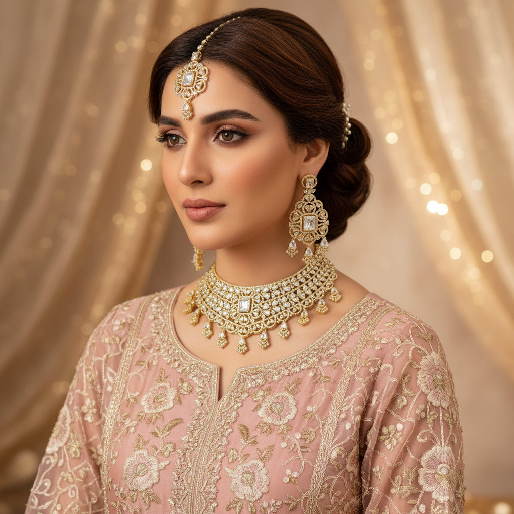“AD-1 Carrot Necklace Set – Gold-Plated Jewelry with Original Stones for Weddings & Parties” SA jewelry pk