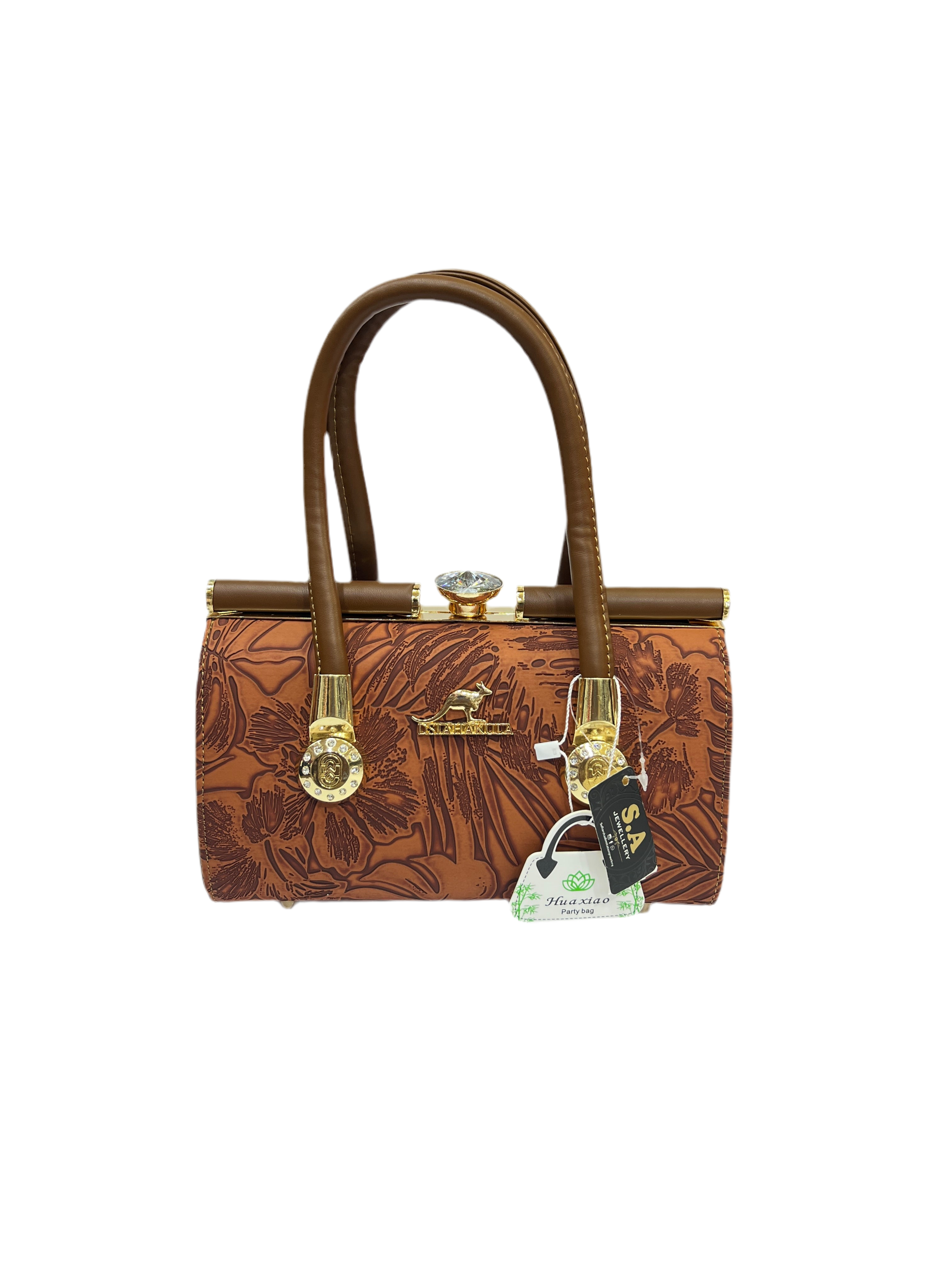 Luxury Leather Texture Handbag with Silver Stones golden Frame SA jewelry pk