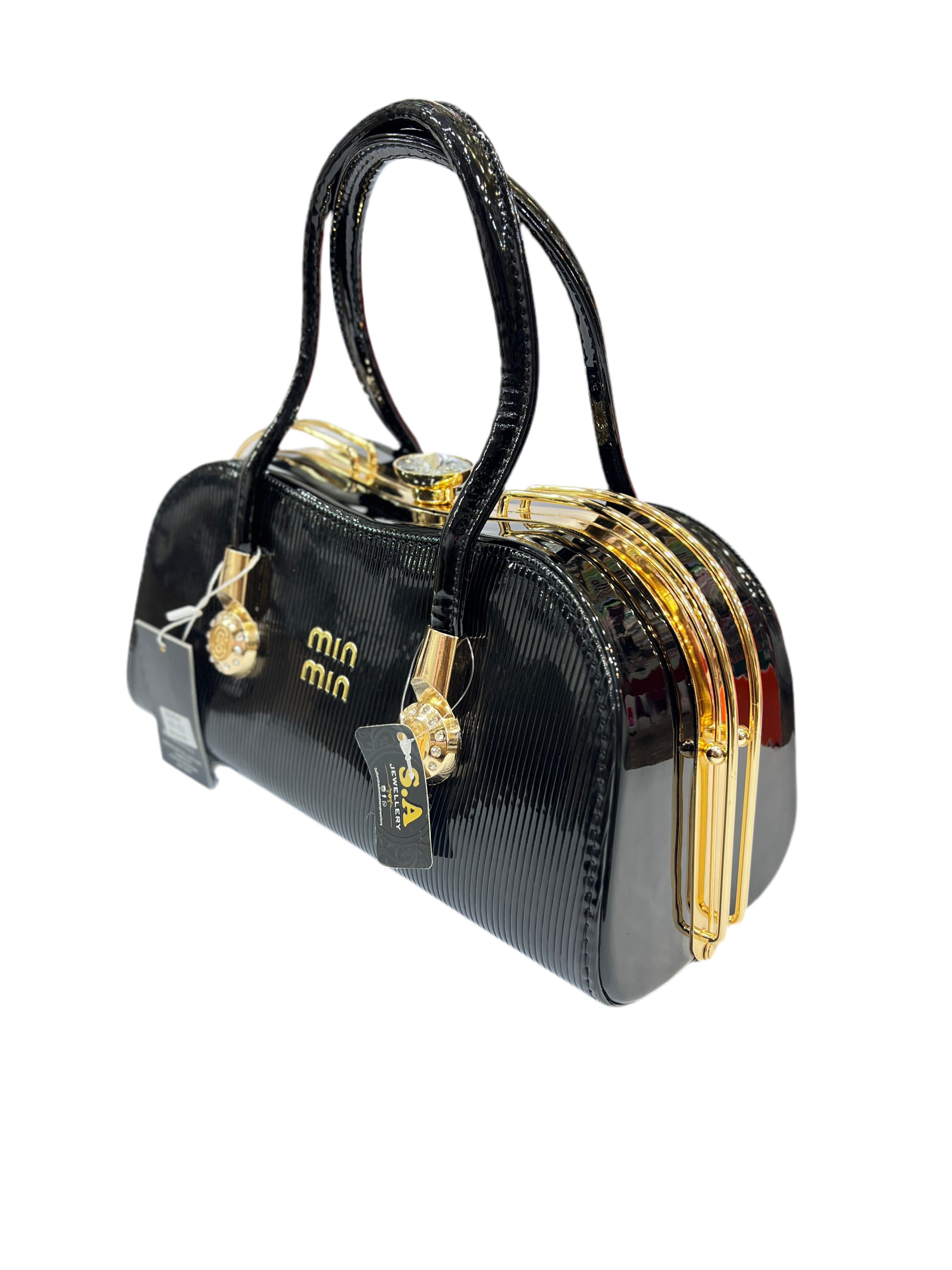 Elegant Rexine Handbag with Metal Stone-Studded Sides – Stylish & Durable SA jewelry pk