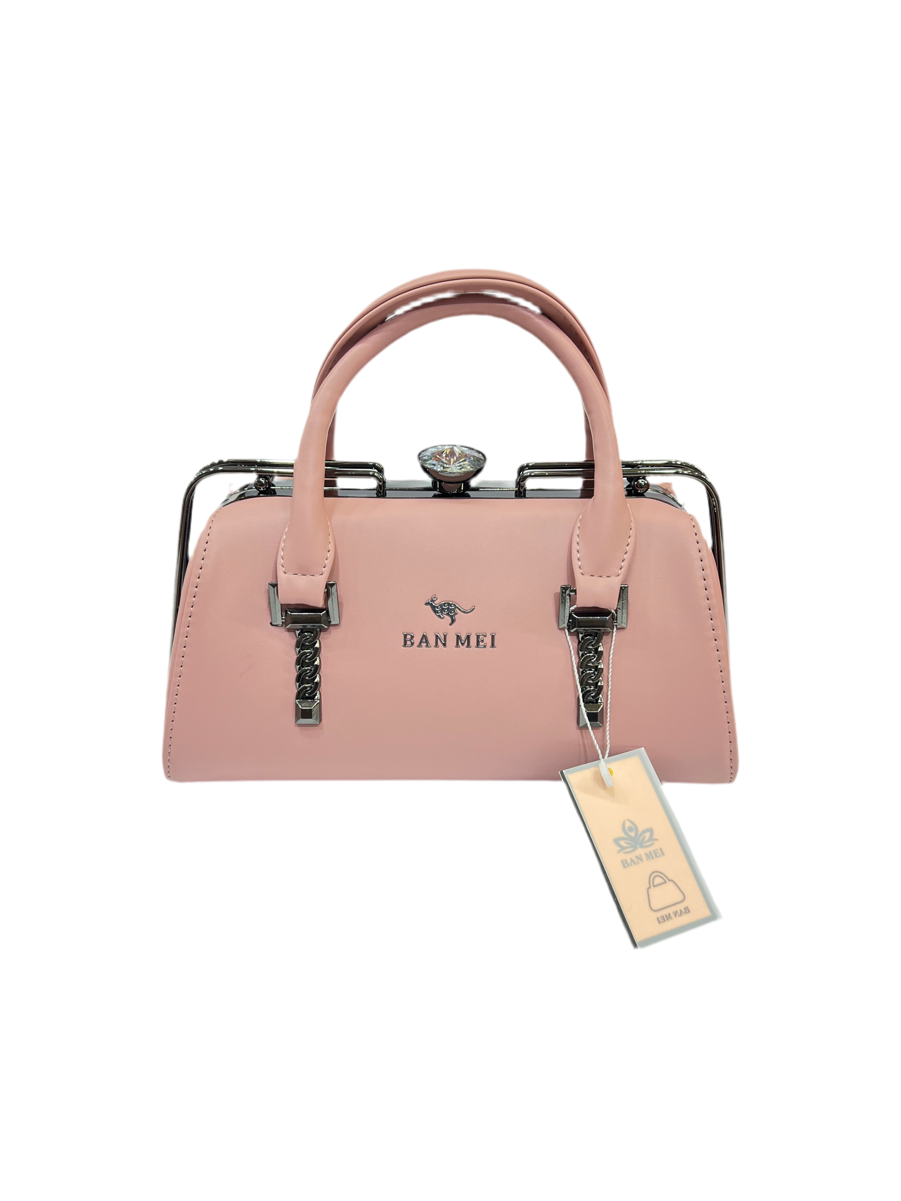 Premium Black Leather Handbag with Silver Grey Metal Frame SA jewelry pk