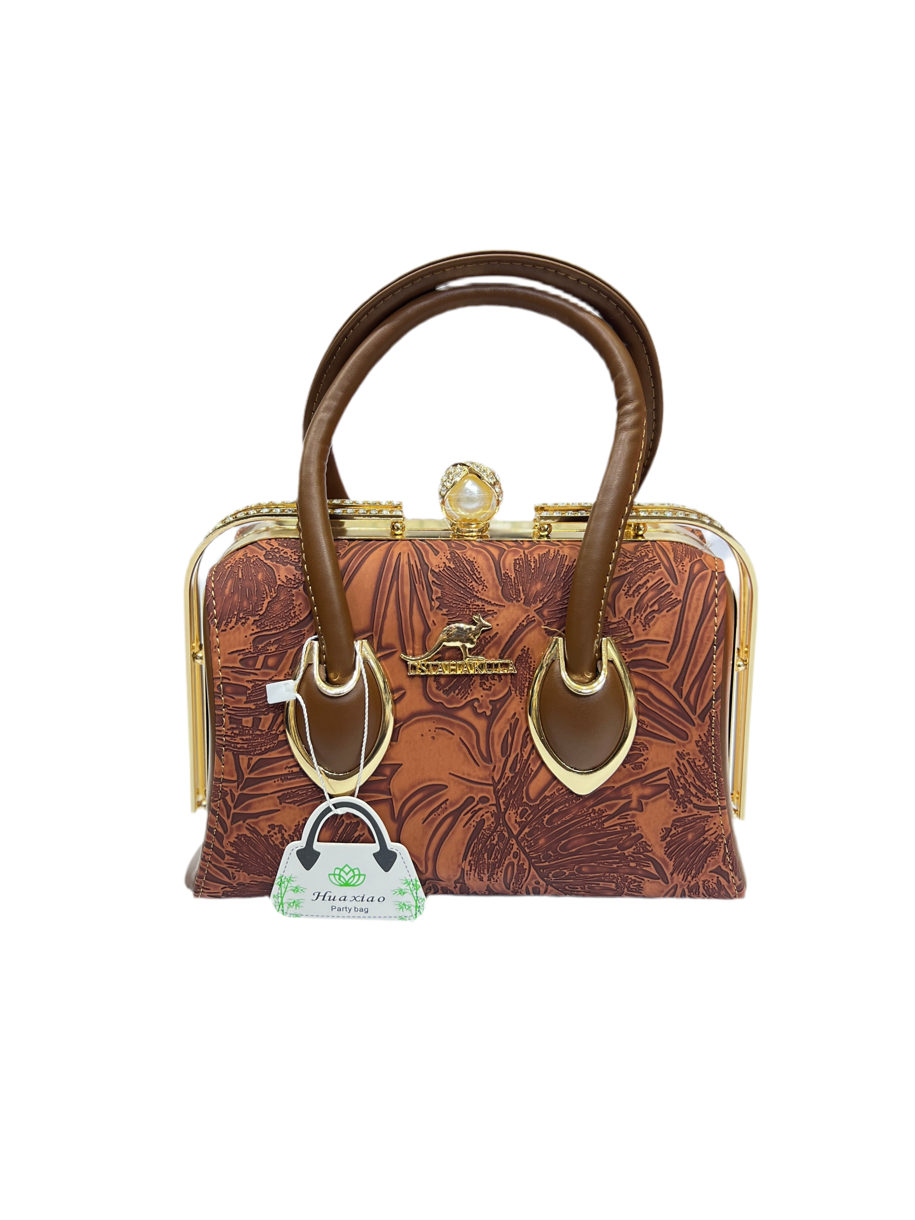Luxury Leather Texture Handbag with Silver Stone Frame"