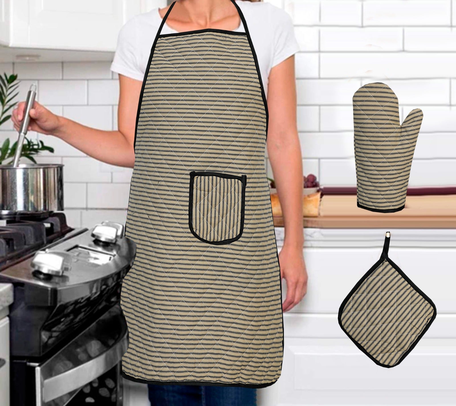 3 Pcs Apron Set – Stylish & Comfortable Kitchen Apron, Glove & Pot Holder Set SA jewelrypk
