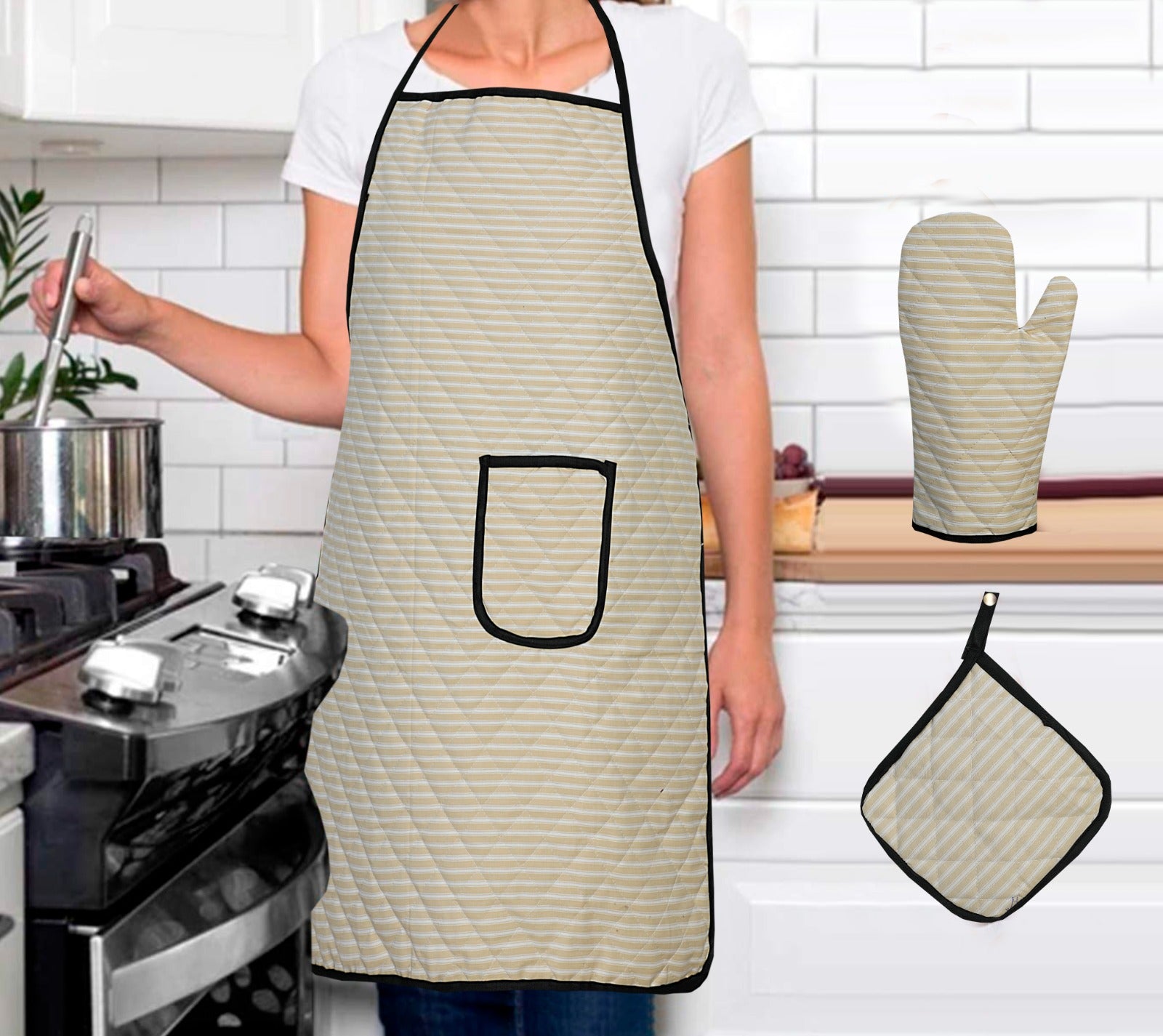3 Pcs Apron Set – Stylish & Comfortable Kitchen Apron, Glove & Pot Holder Set SA jewelrypk