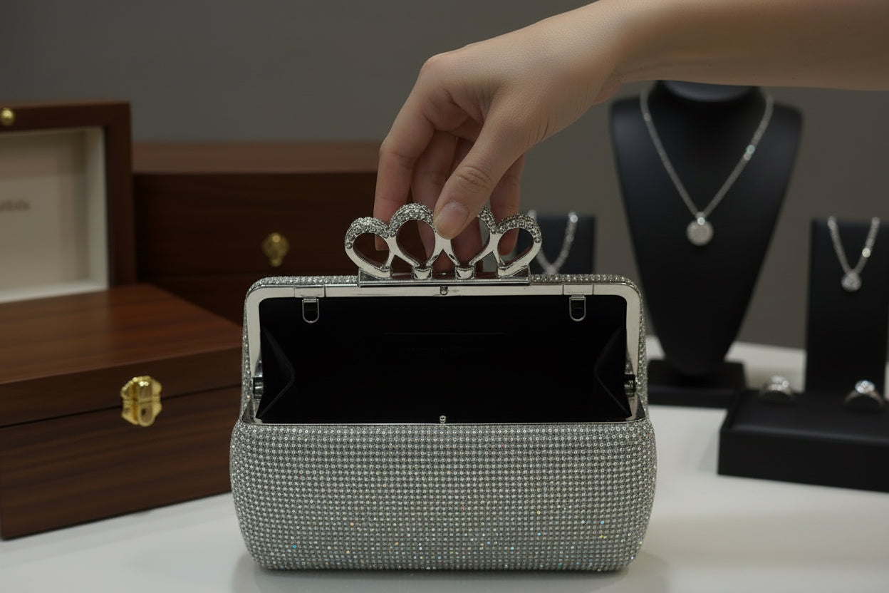 Elegant crystal clutch finger design evening purse SA jewellery pk