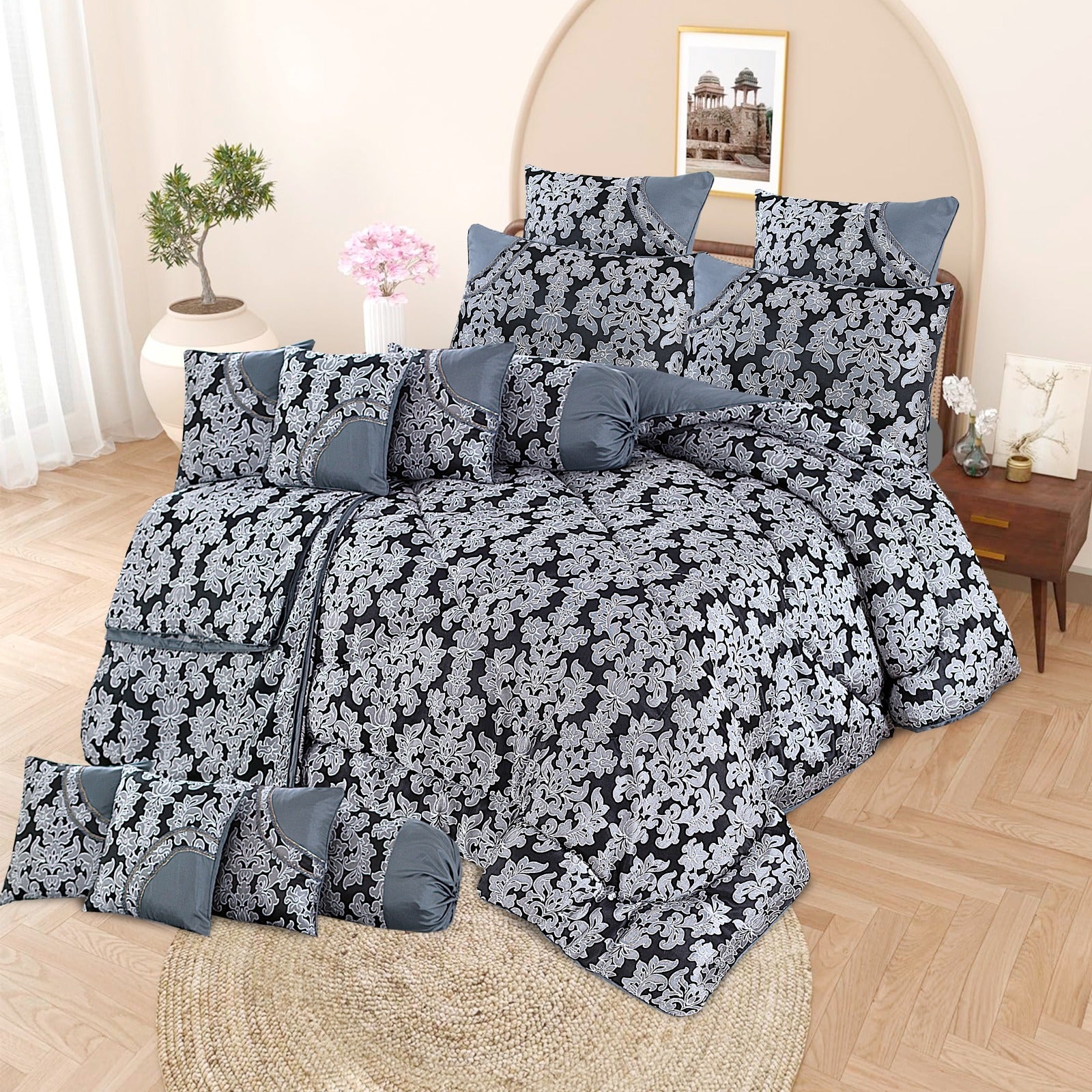 ARIZONA PLUS
"14 PCS Luxury Bed Sheet Set – Complete Bedding Set with Pillow Covers, Cushions & Runner | SAJewelryPK.com