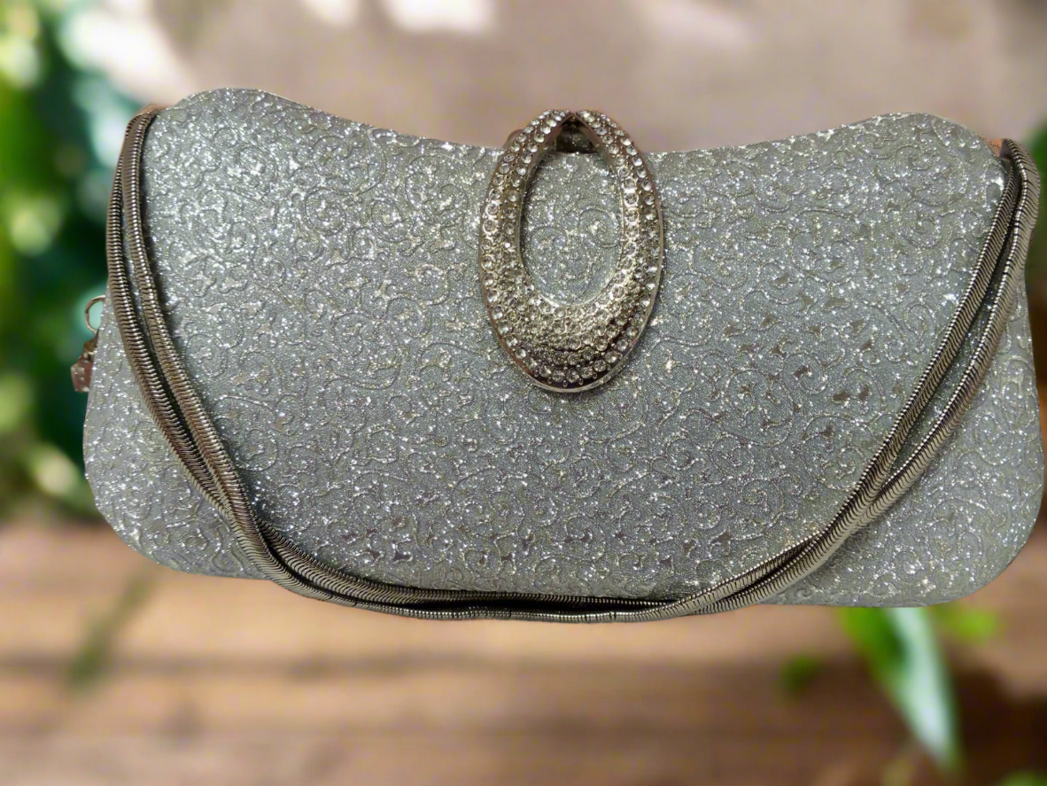 Elegant Silver Design Shimmer Clutch – Oval Brooch Design with Silver Chain Evening Bag SA jewelry pk