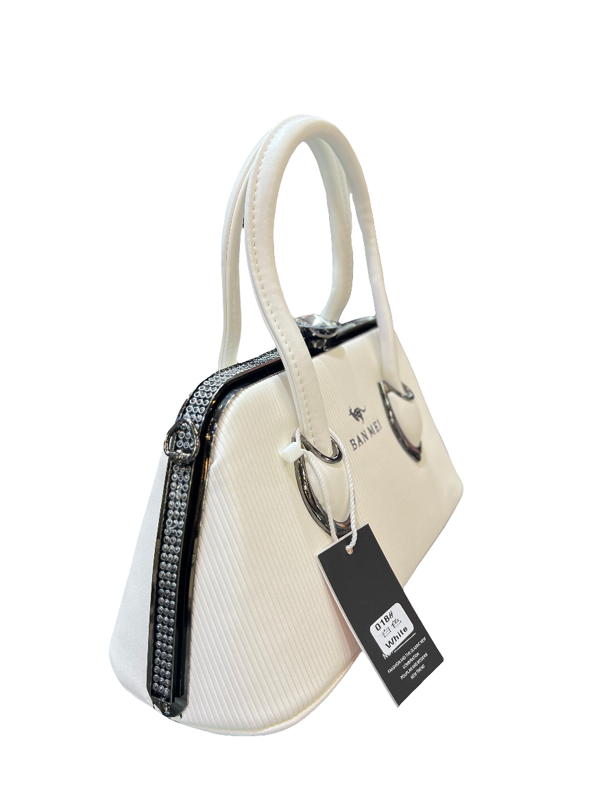 Elegant White Rexine Handbag with Metal Stone-Studded Sides – Stylish & Durable SAJewelry pk