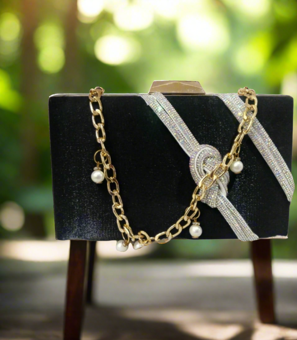 Luxury Velvet Clutch – Black Evening Bag with Stone Brooch & Chain SA jewelry pk