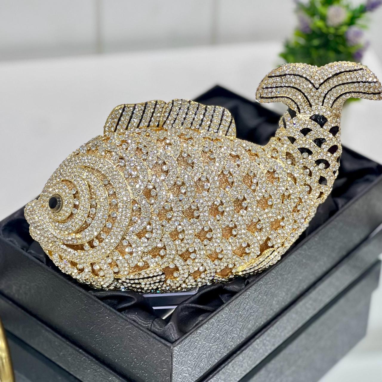 Luxury Fish Shape Clutch Bag – Unique Glitter Purse for Bridal, Wedding & Party Wear SA jewelry pk