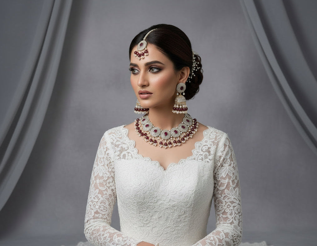 Radiant Silver Stone Necklace Set with Jhumka & Maang Tikka with Maroon pearls SA jewelry pk