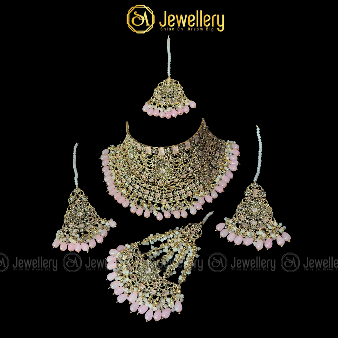Luxury Gold Plated Bridal Necklace Set with Pink Kundan & Pearl Drops - Perfect for Walima & Wedding Receptions SA jewelry pk