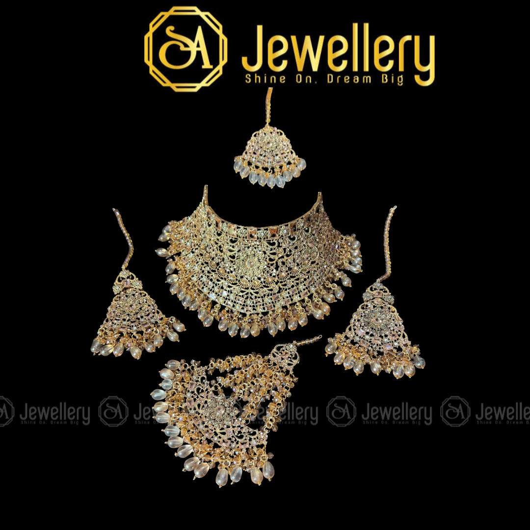 Luxury Gold Plated Bridal Necklace Set with kundan & Pearl Drops - Perfect for Walima & Wedding Receptions SA jewelry pk