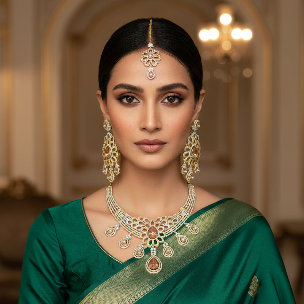 “AD-1 Carrot Necklace Set – Gold-Plated Jewelry with Original Stones for Weddings & Parties” SA jewelry pk