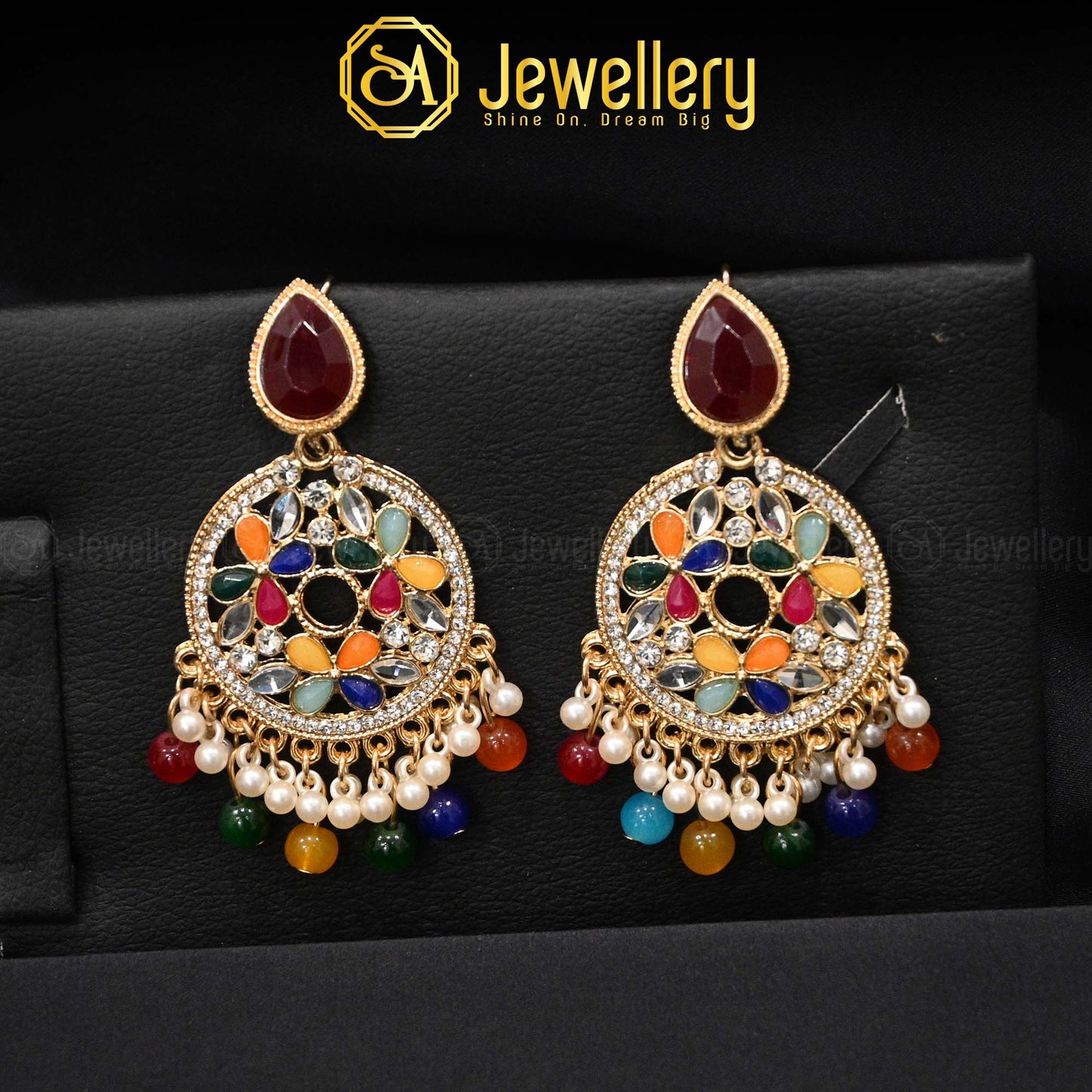Designer Kundan Meenakari Chandbali Earrings