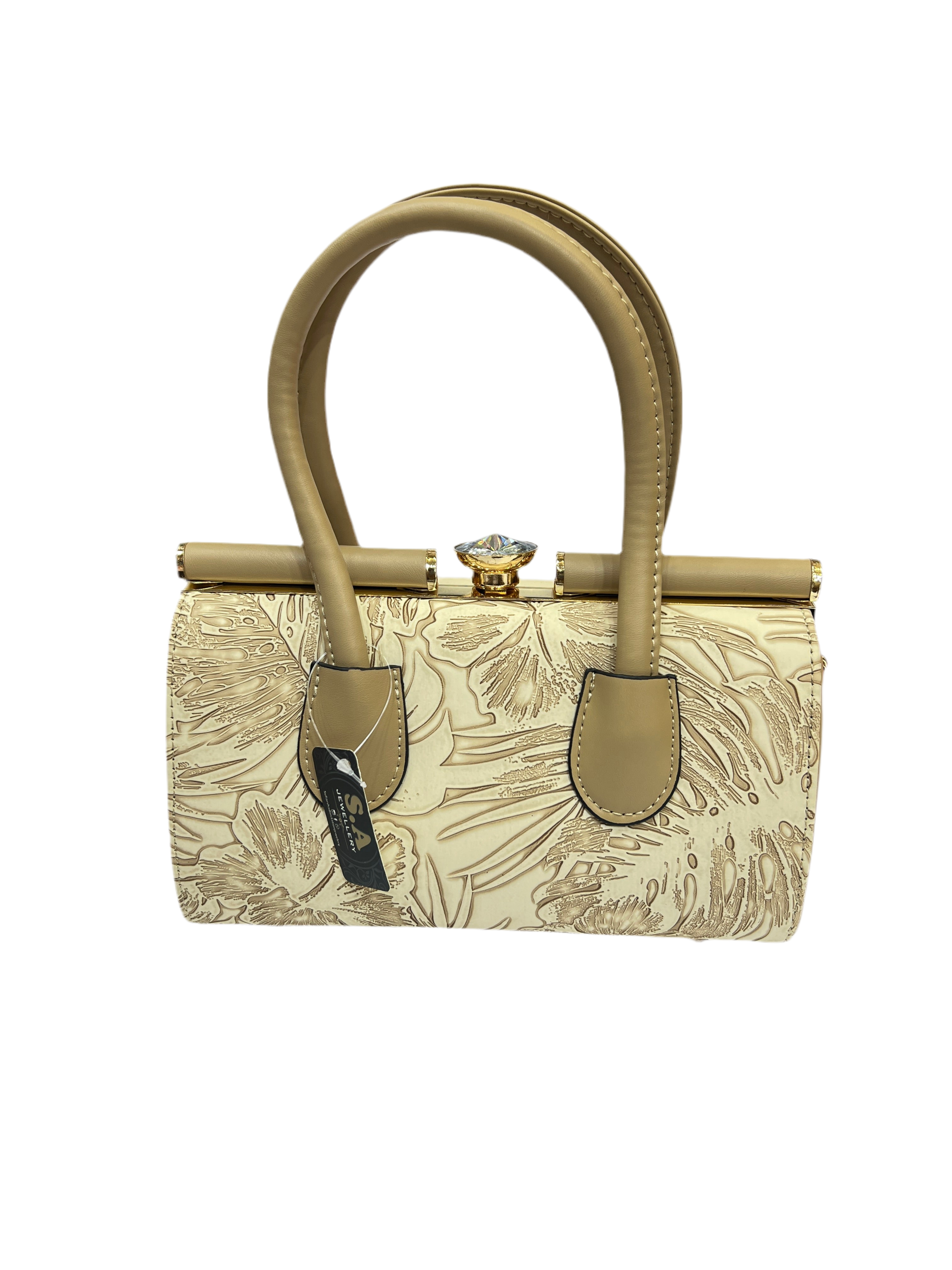 Luxury Leather Handle Handbag with Stone Lock & Textured Finish SA jewelry pk