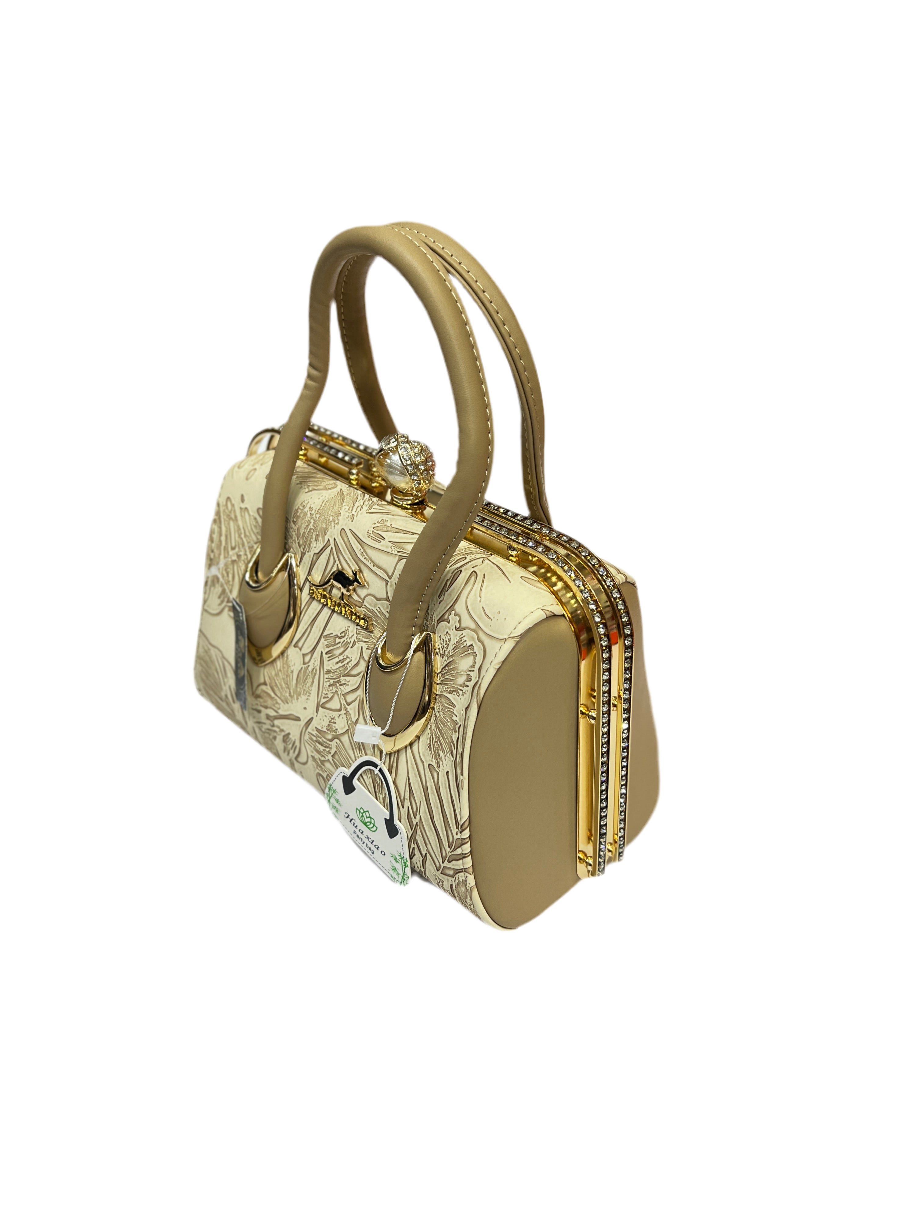 Luxury Leather Handle Handbag with Stone Lock & Textured Finish SA jewelry pk