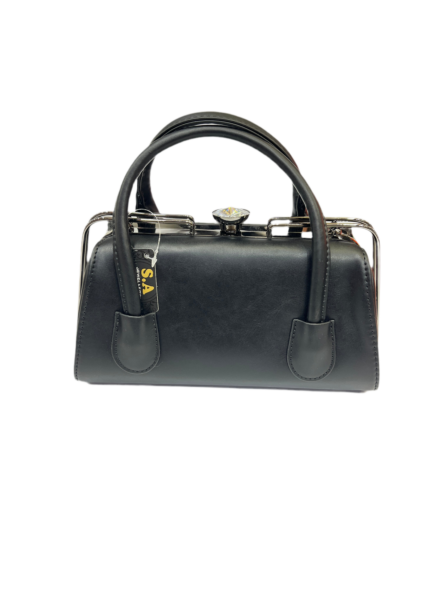Premium Black Leather Handbag with Silver Grey Metal Frame SA jewelry pk