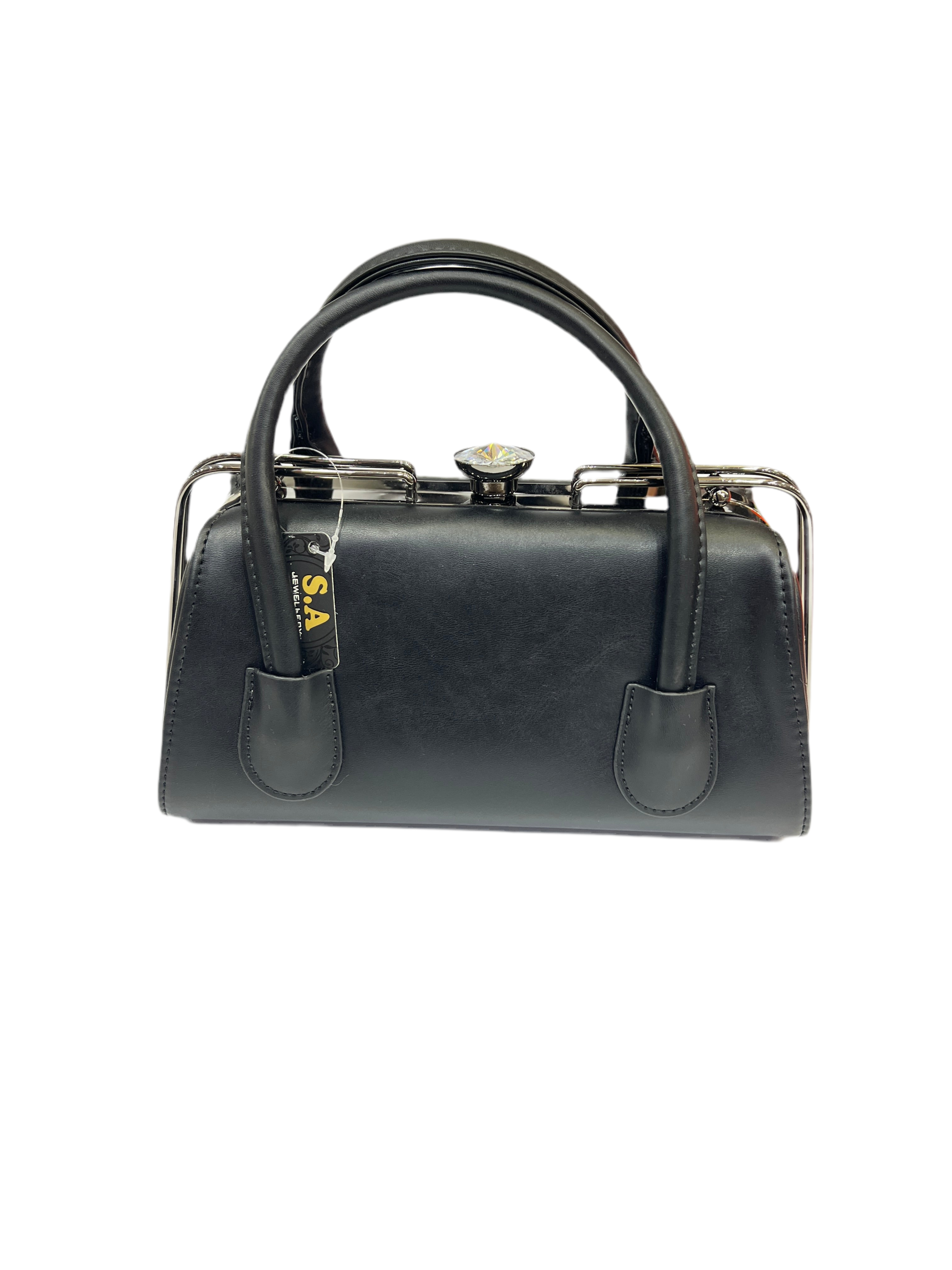 Premium Black Leather Handbag with Silver Grey Metal Frame SA jewelry pk