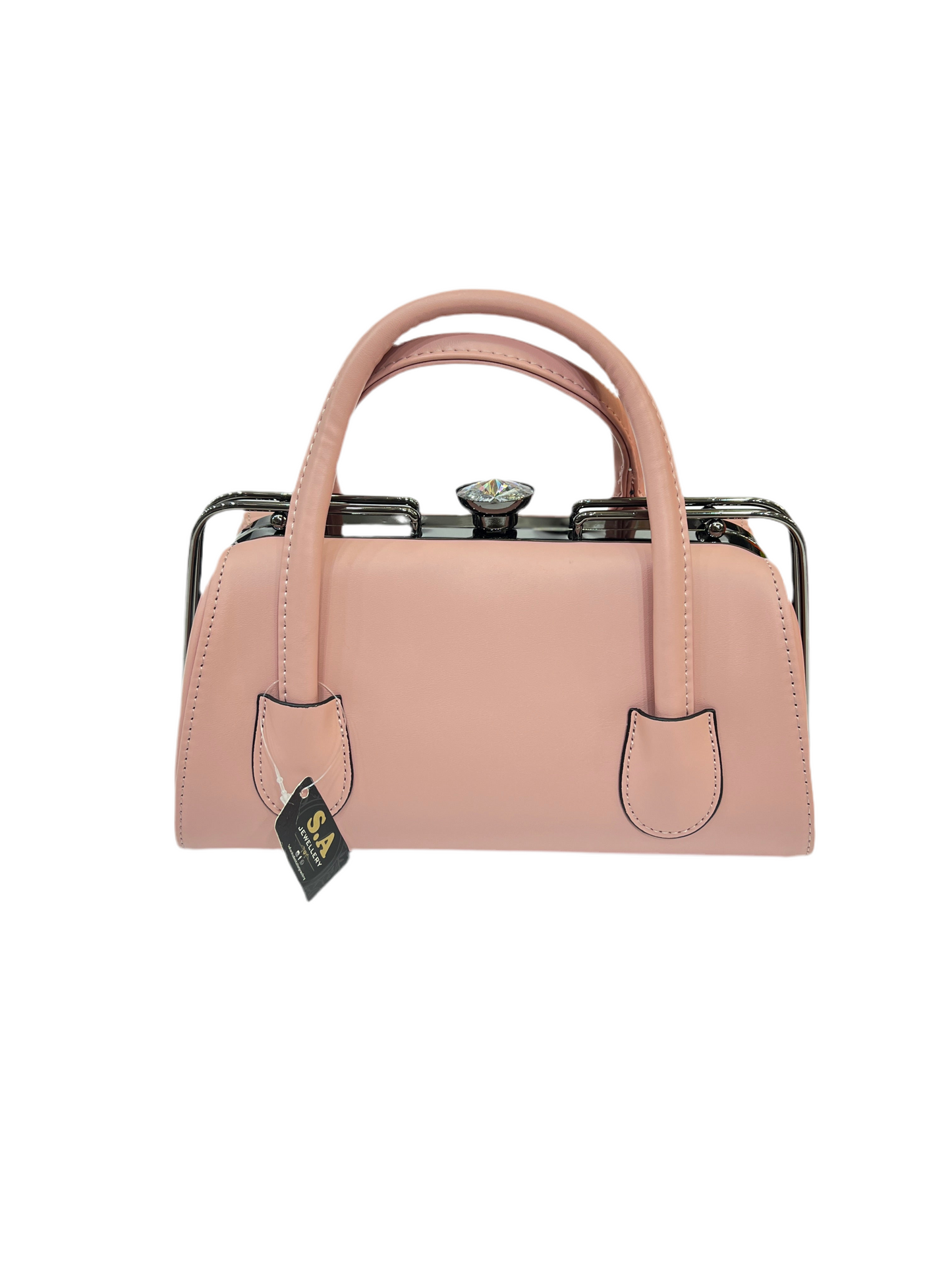 Premium Black Leather Handbag with Silver Grey Metal Frame SA jewelry pk