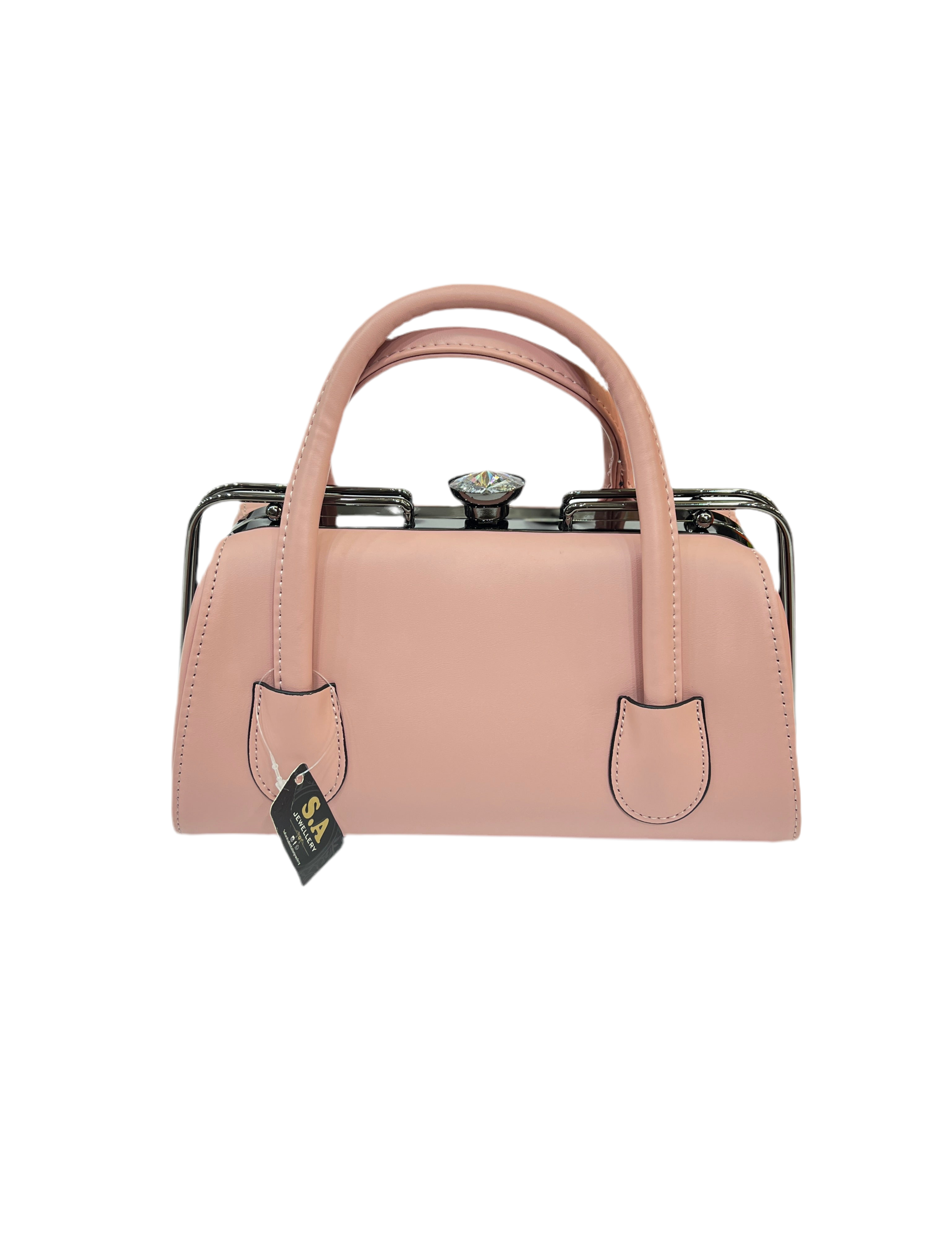 Premium Black Leather Handbag with Silver Grey Metal Frame SA jewelry pk