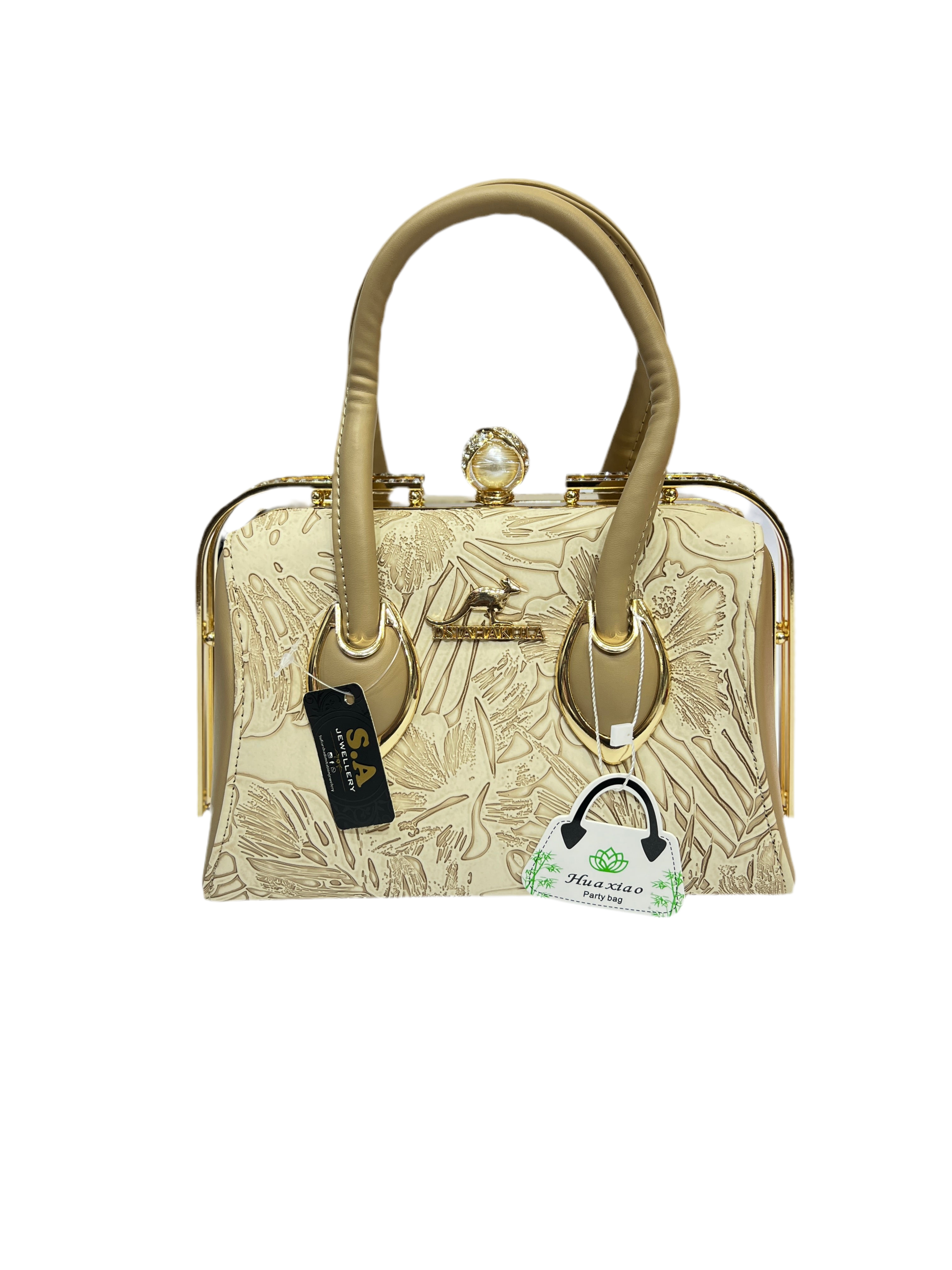 Luxury Leather Handle Handbag with Stone Lock & Textured Finish SA jewelry pk
