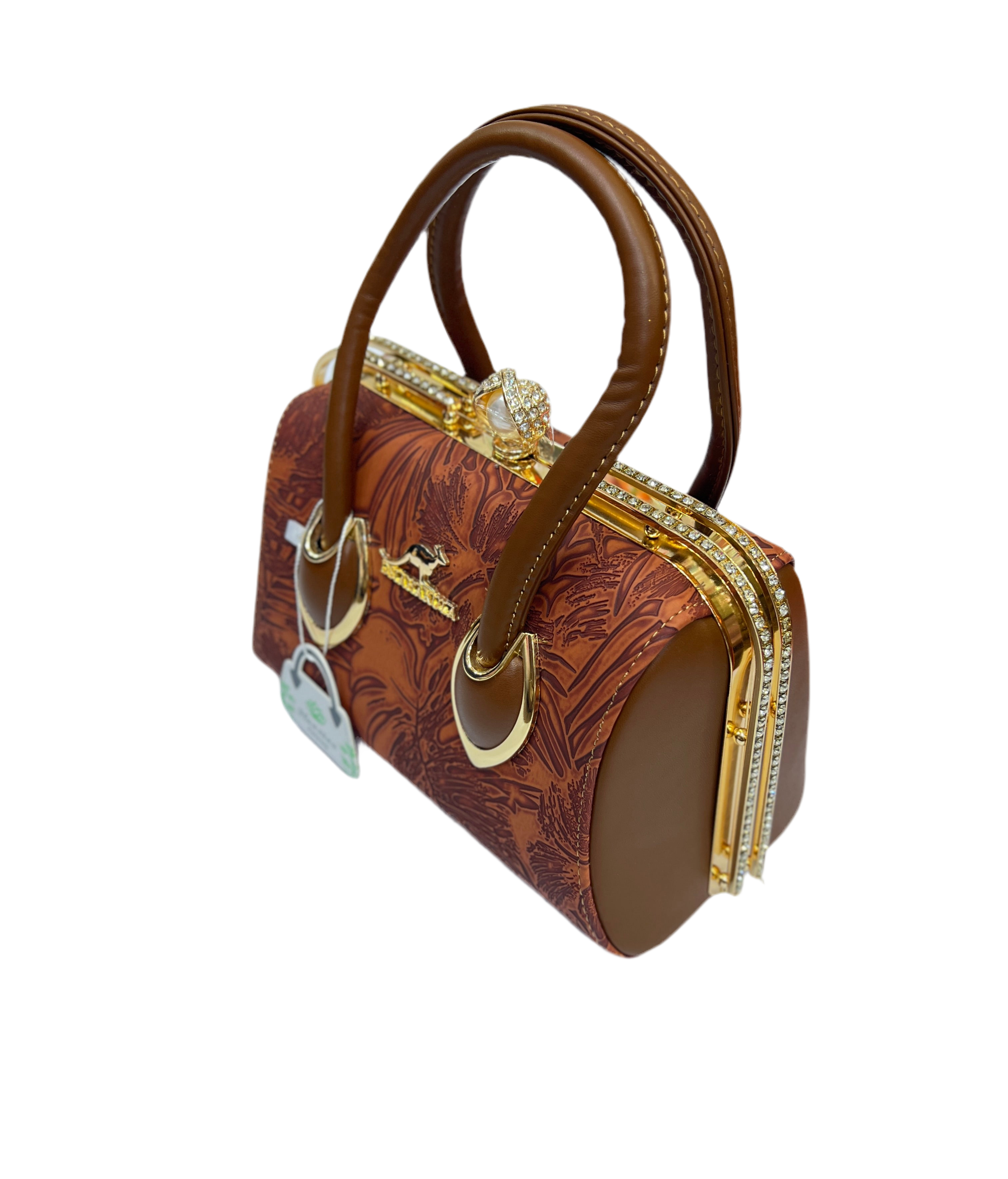 Luxury Leather Texture Handbag with Silver Stone Frame"