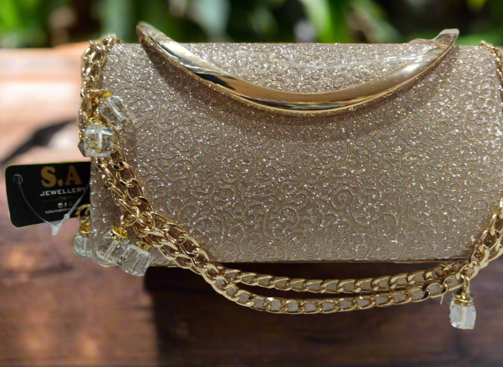 Elegant Shimmer Clutch – Golden Handle, Pearl Charm & Designer Shimmer Evening clutch SA jewelry pk