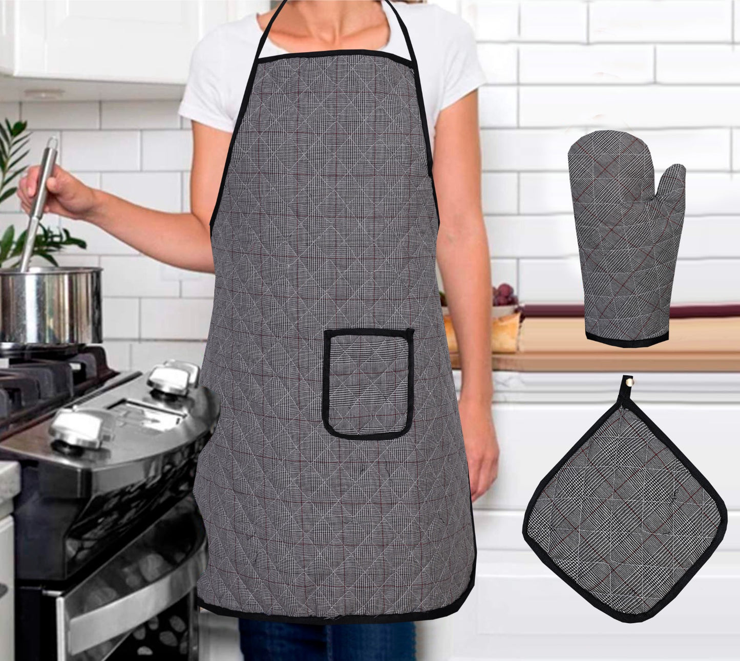 3 Pcs Apron Set – Stylish & Comfortable Kitchen Apron, Glove & Pot Holder Set SA jewelrypk