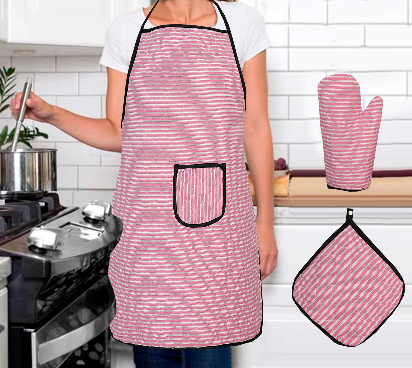 3 Pcs Apron Set – Stylish & Comfortable Kitchen Apron, Glove & Pot Holder Set SA jewelrypk