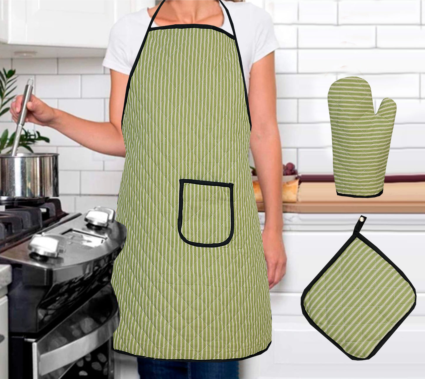 3 Pcs Apron Set – Stylish & Comfortable Kitchen Apron, Glove & Pot Holder Set SA jewelrypk