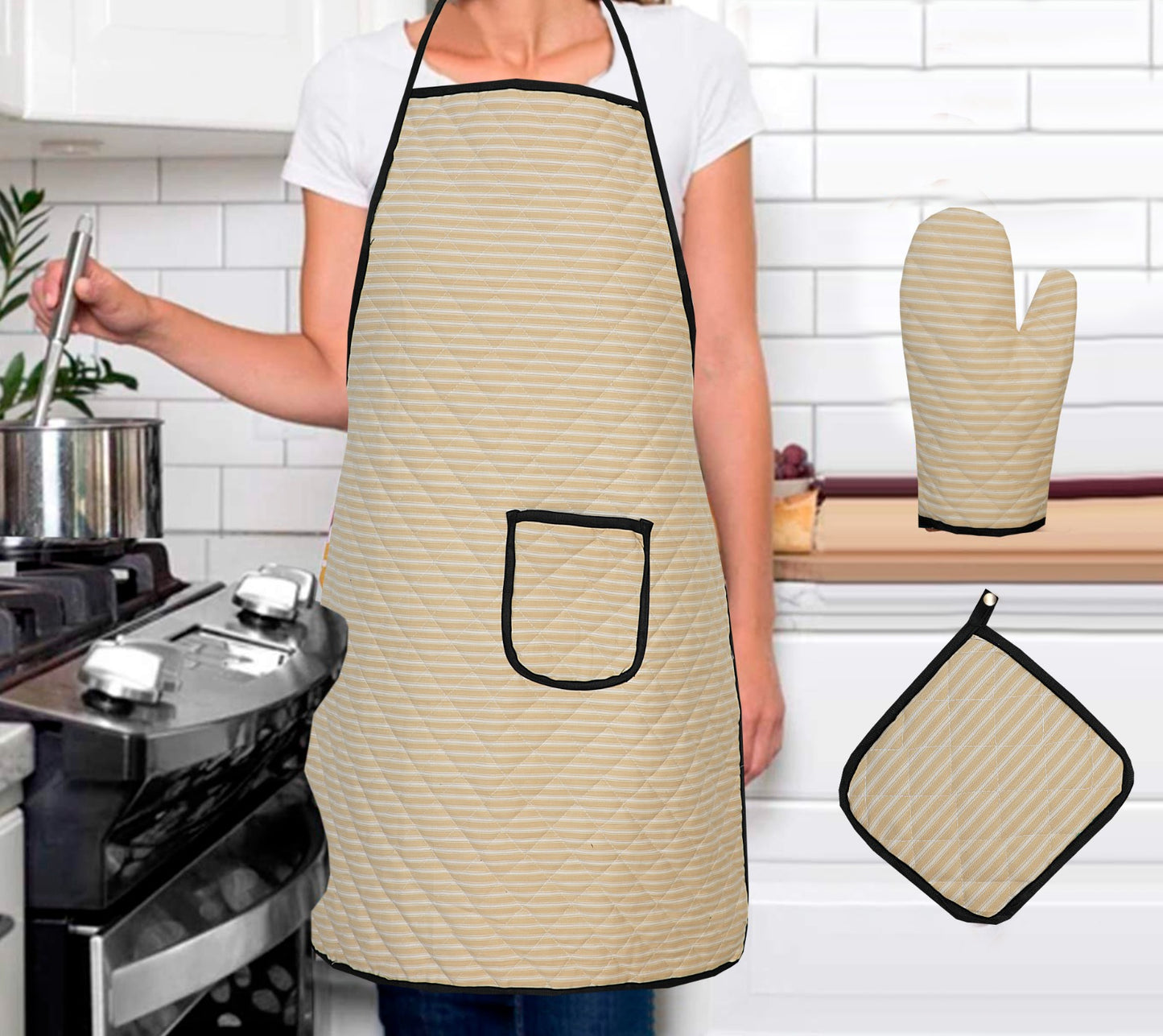 3 Pcs Apron Set – Stylish & Comfortable Kitchen Apron, Glove & Pot Holder Set SA jewelrypk