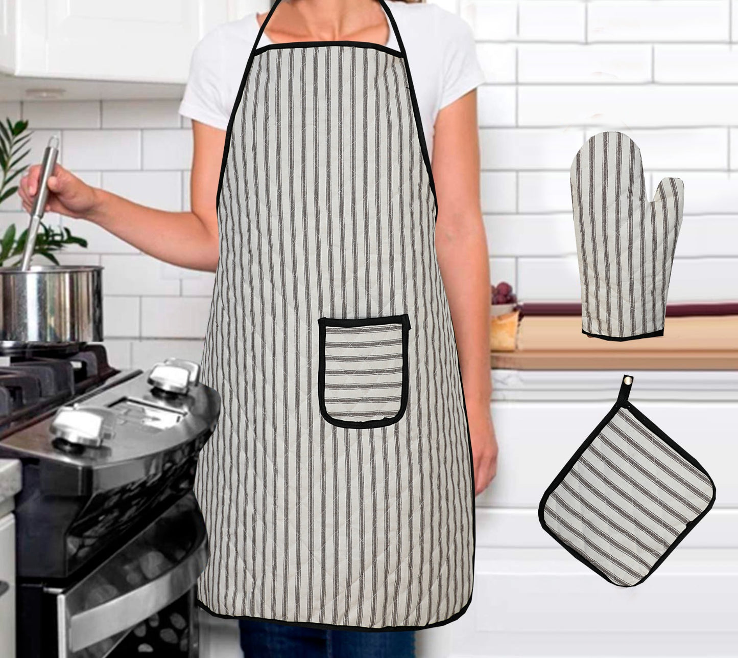 3 Pcs Apron Set – Stylish & Comfortable Kitchen Apron, Glove & Pot Holder Set SA jewelrypk