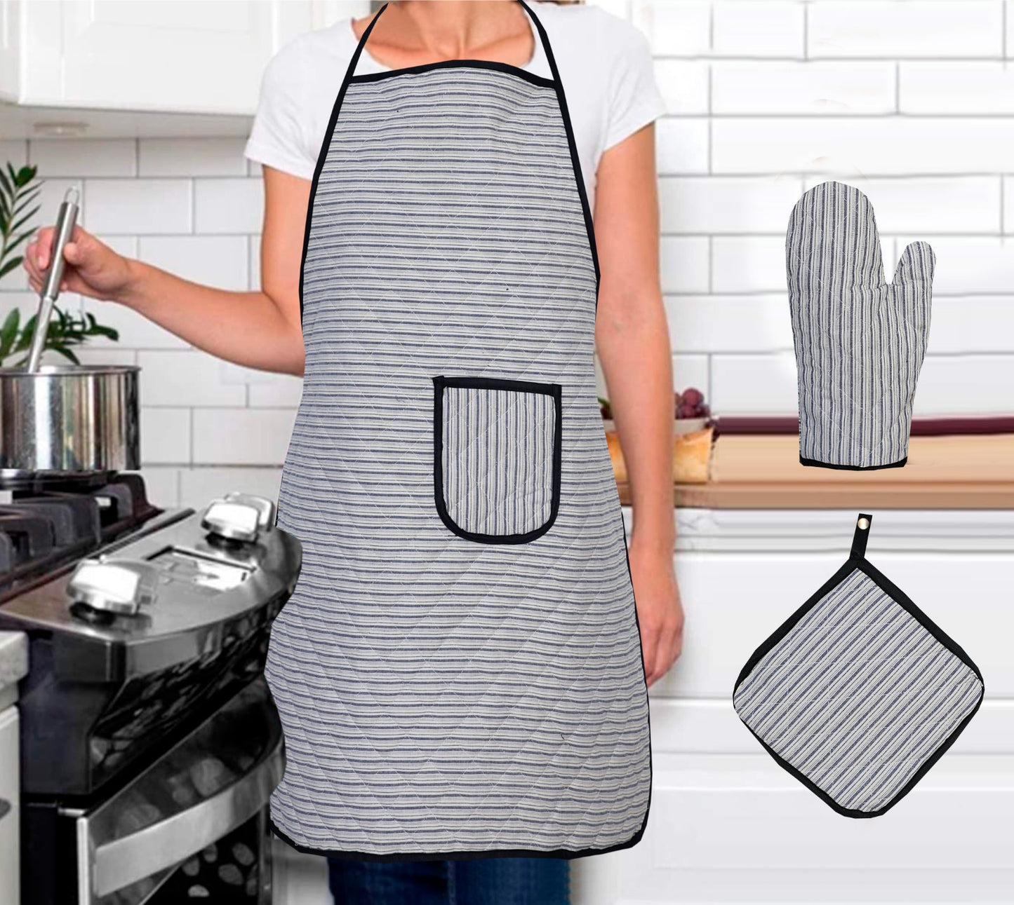 3 Pcs Apron Set – Stylish & Comfortable Kitchen Apron, Glove & Pot Holder Set SA jewelrypk