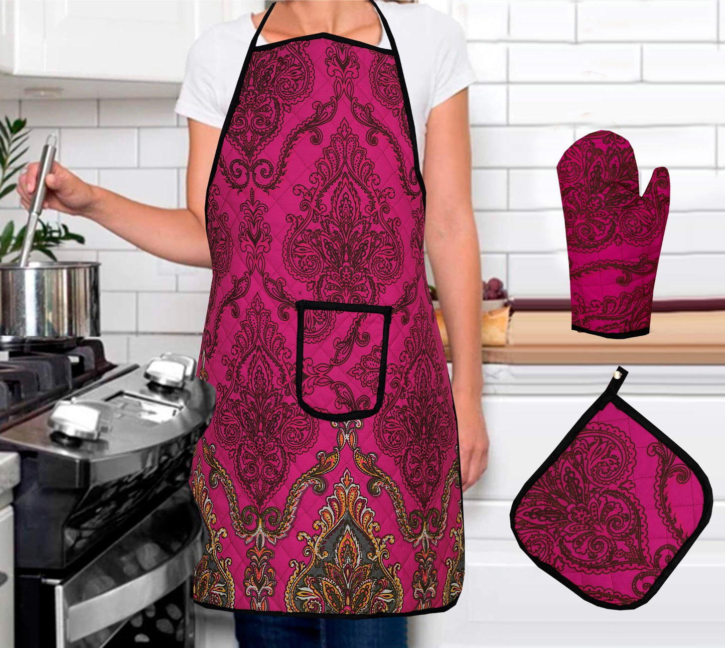 3 Pcs Apron Set – Stylish & Comfortable Kitchen Apron, Glove & Pot Holder Set SA jewelrypk