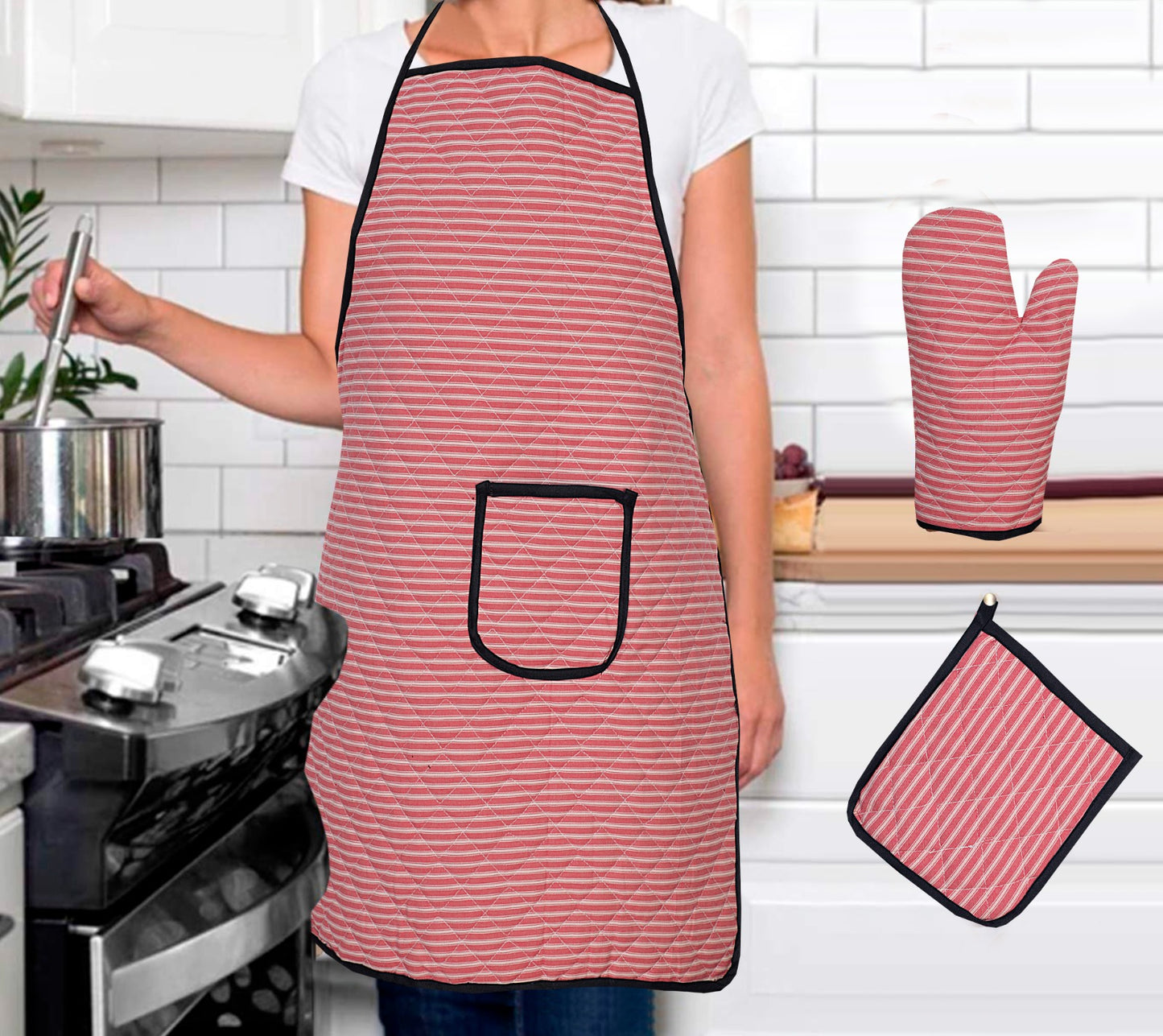 3 Pcs Apron Set – Stylish & Comfortable Kitchen Apron, Glove & Pot Holder Set SA jewelrypk