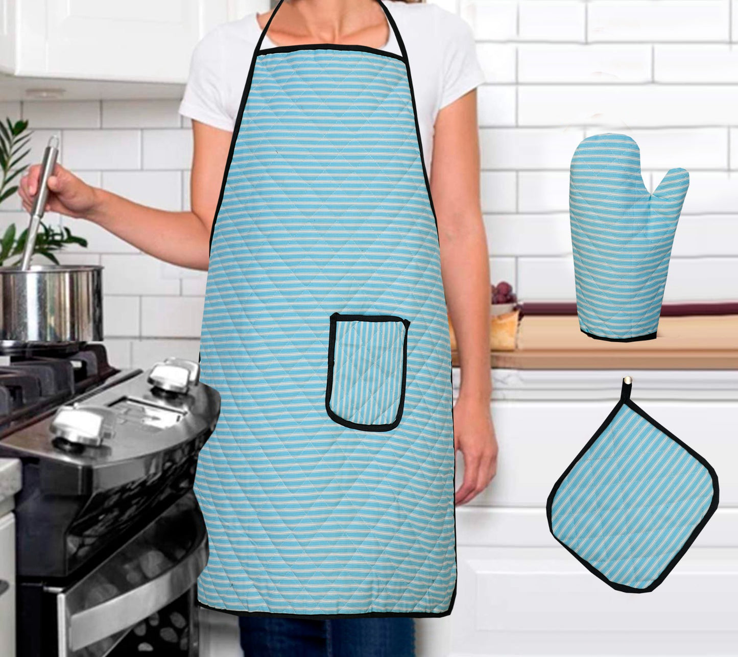 3 Pcs Apron Set – Stylish & Comfortable Kitchen Apron, Glove & Pot Holder Set SA jewelrypk