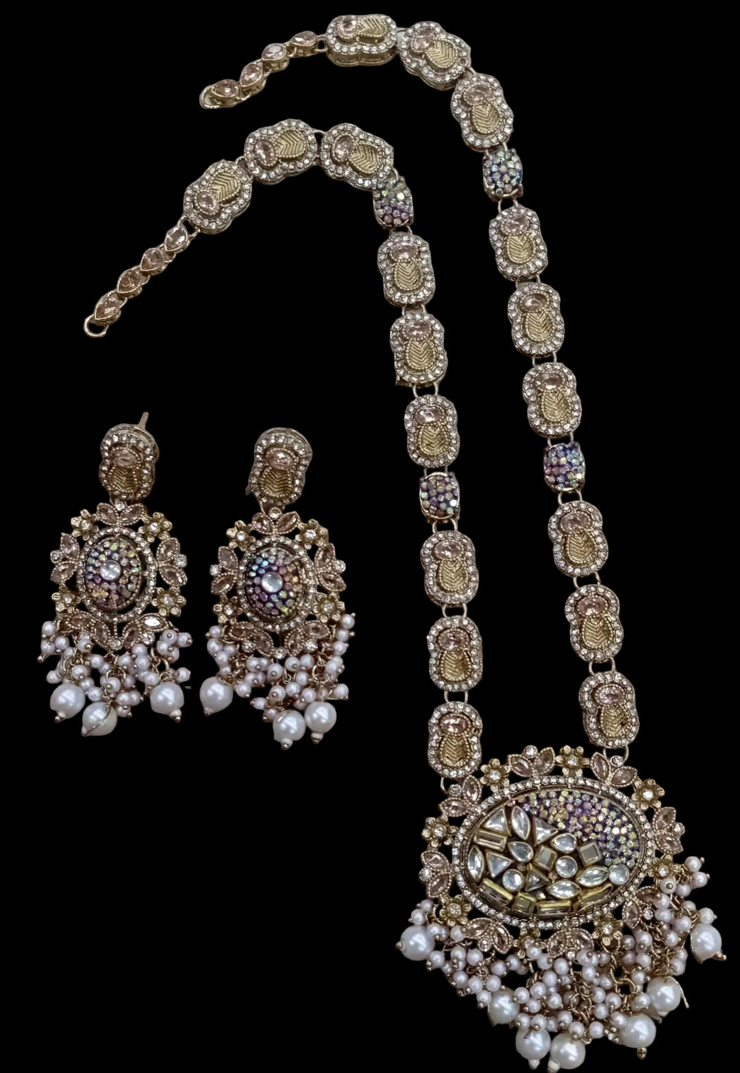 Elegant Crush Stone Mala Set with Original Stones and Matching Earrings