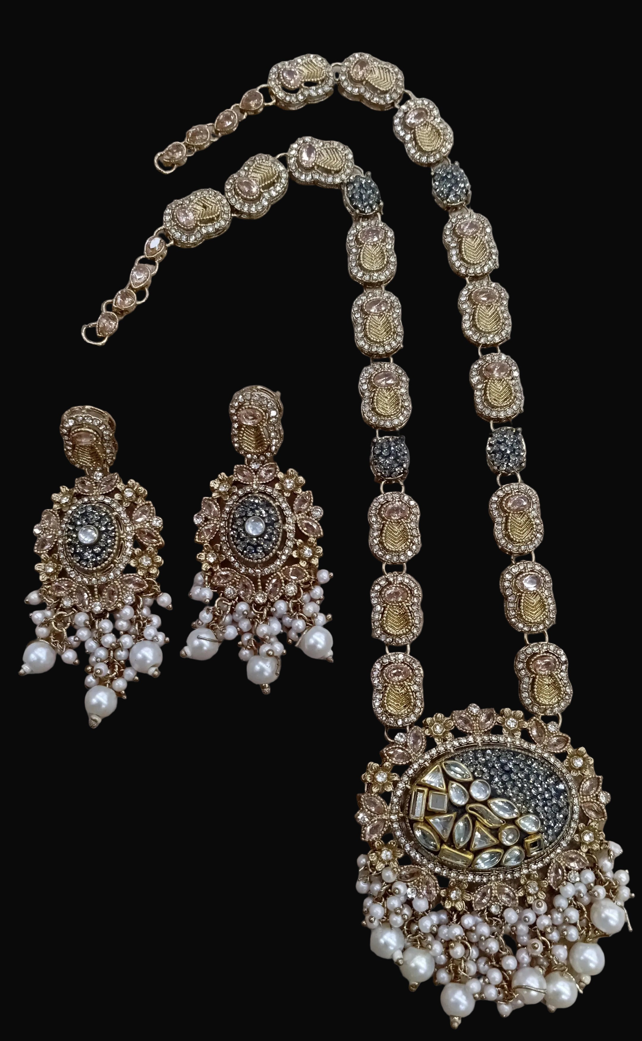 Elegant Crush Stone Mala Set with Original Stones and Matching Earrings