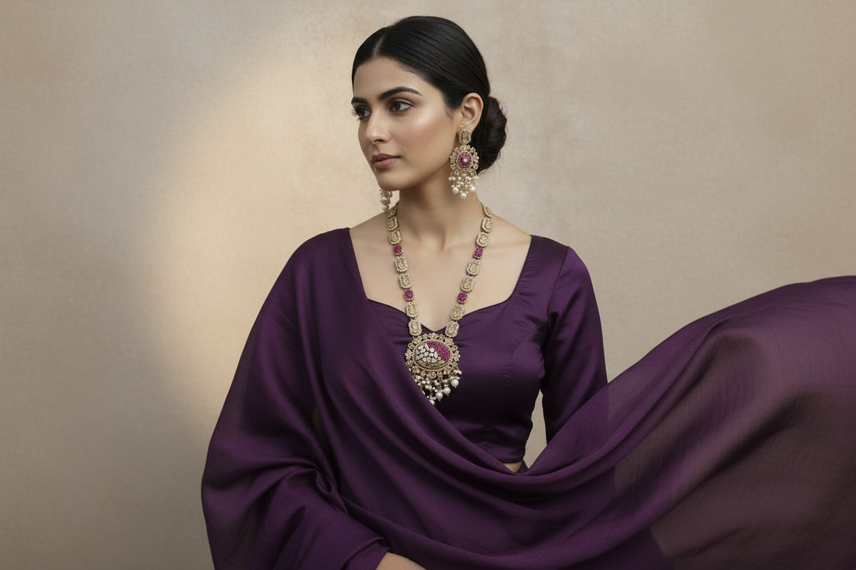 Elegant Crush Stone Mala Set with Original Stones and Matching Earrings