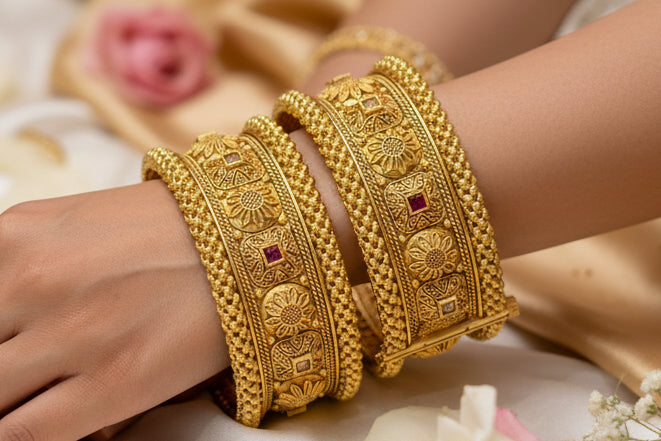 2 Pc Rajwadi Antique Gold Plated Bangles | Ruby Stone Kangan Set SA jewelry pk