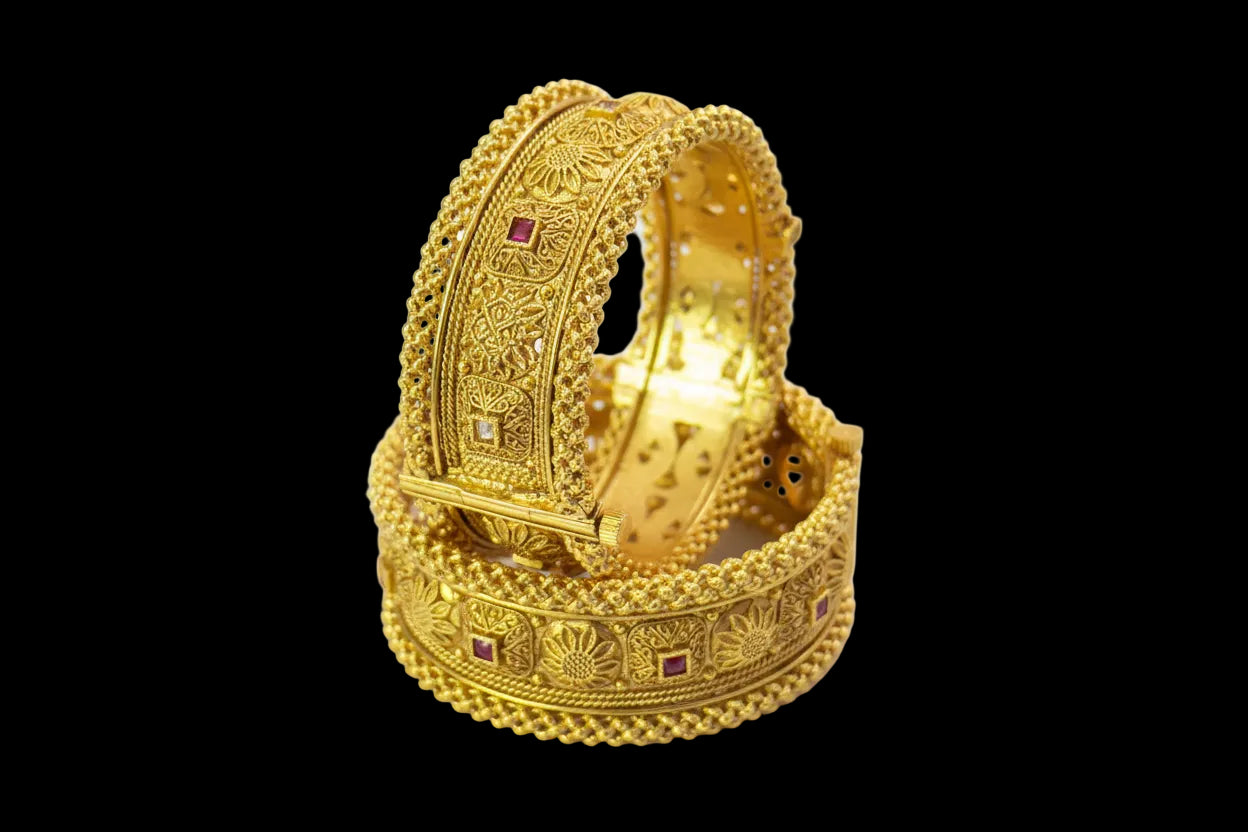 2 Pc Rajwadi Antique Gold Plated Bangles | Ruby Stone Kangan Set SA jewelry pk