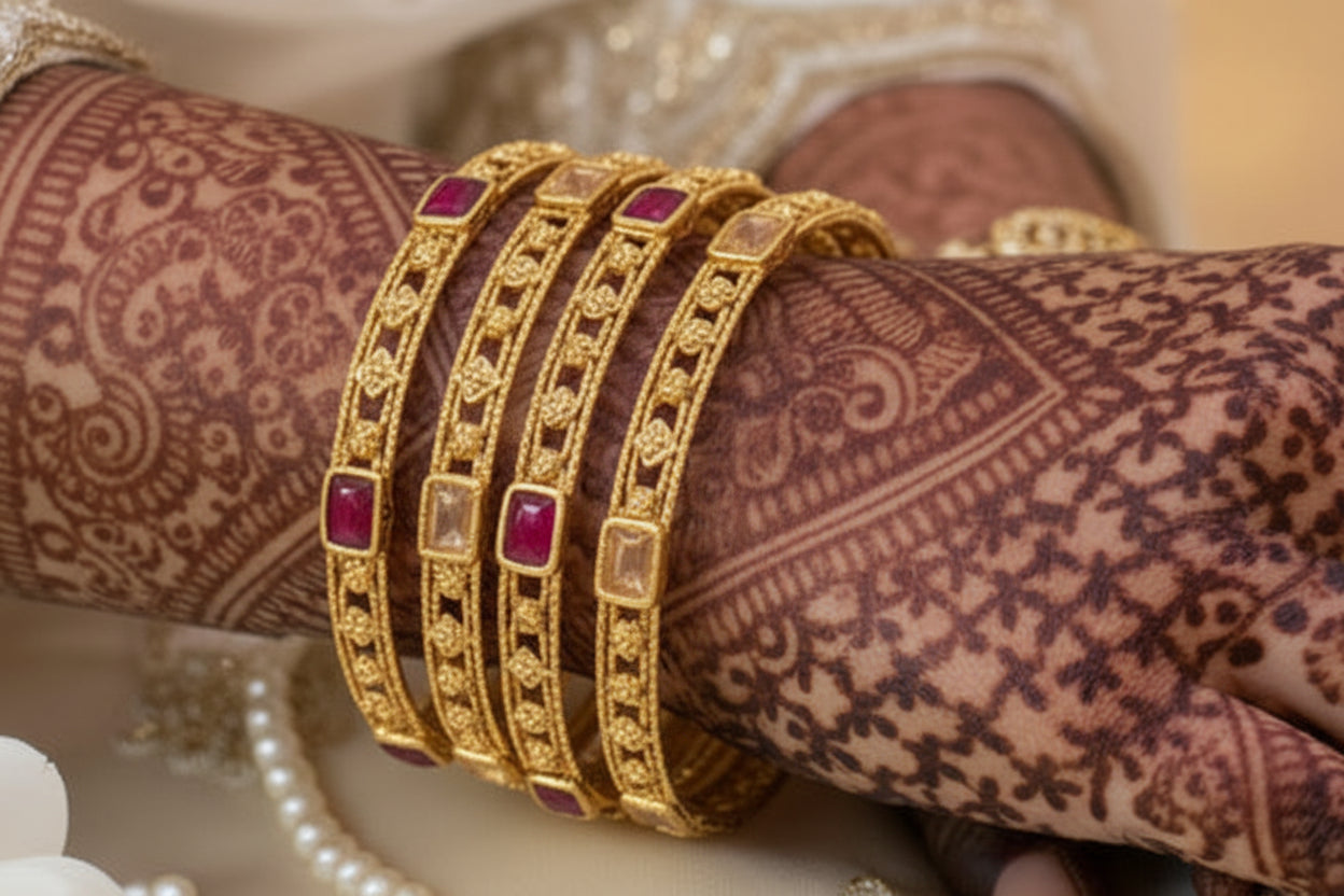 4 Pcs Rajwadi Antique Gold Plated Bangles | Ruby Stone Kangan Set SA jewelry pk