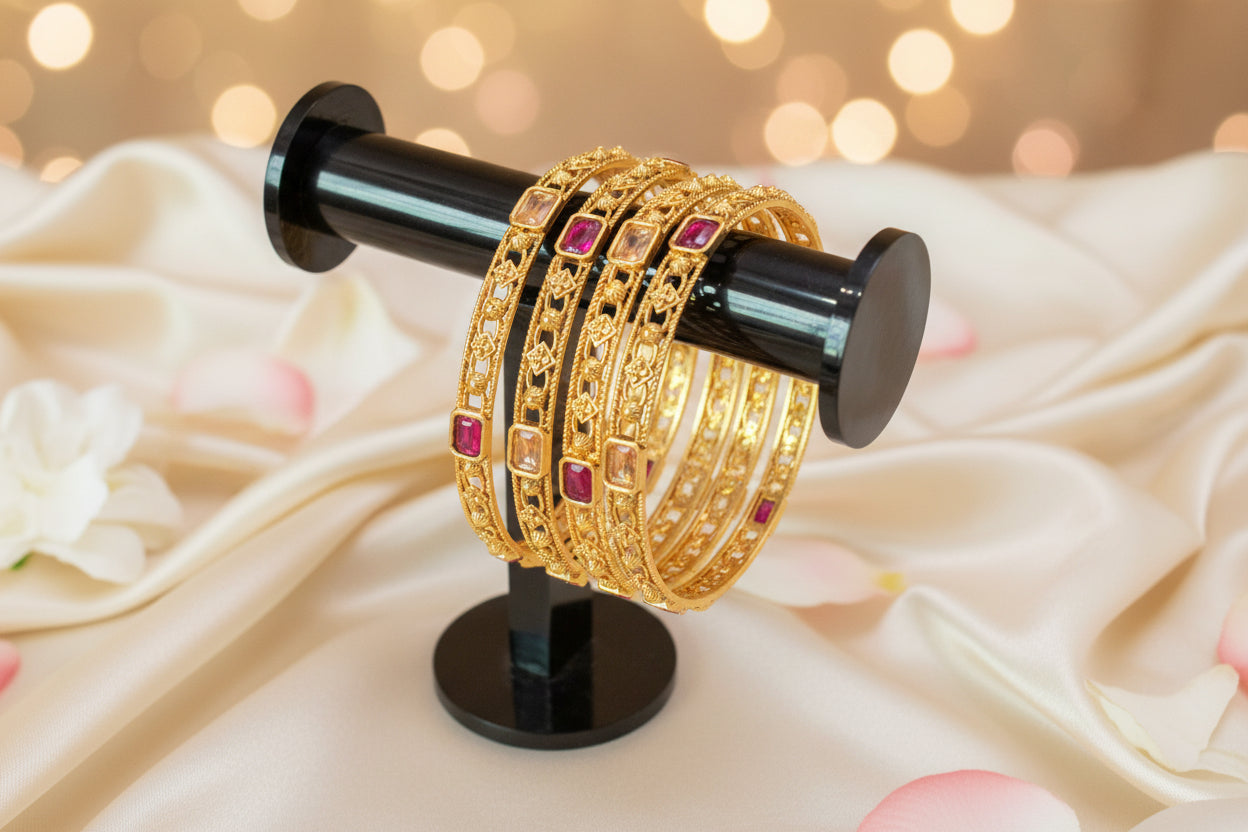 4 Pcs Rajwadi Antique Gold Plated Bangles | Ruby Stone Kangan Set SA jewelry pk