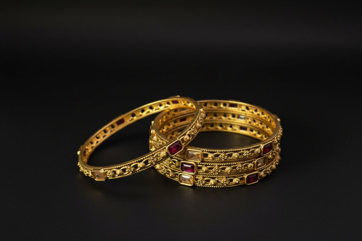 4 Pcs Rajwadi Antique Gold Plated Bangles | Ruby Stone Kangan Set SA jewelry pk